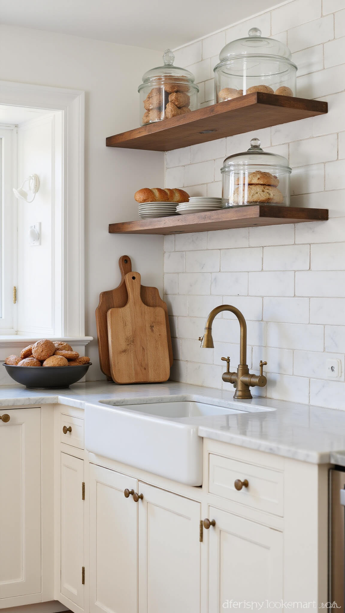 Overhead view of a chef’s prep area with a large marble-topped island, vintage glass cloches displaying breads, wooden cutting boards against a white subway tile wall, and a brass pot filler under directional lighting.