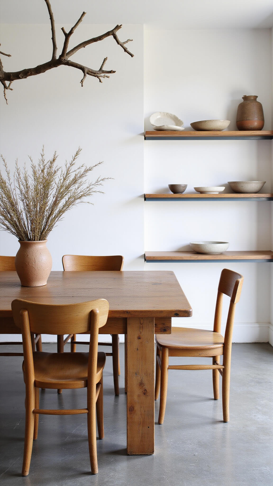 Minimalist dining space with wooden table, mismatched vintage chairs, and branch chandelier casting shadows, viewed from above.