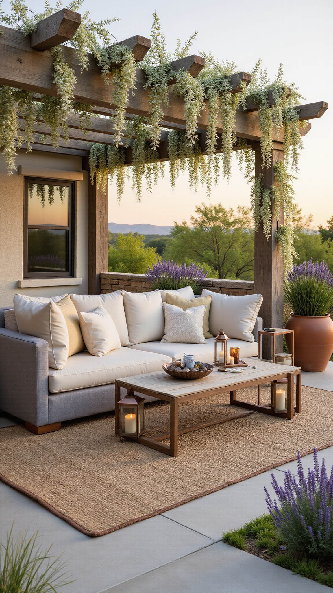 Expansive cedar pergola with white wisteria at golden hour, modern grey sectional with ivory cushions beneath, layered outdoor rugs, copper lanterns, and terracotta pots with lavender, sunlit with natural bokeh effect.