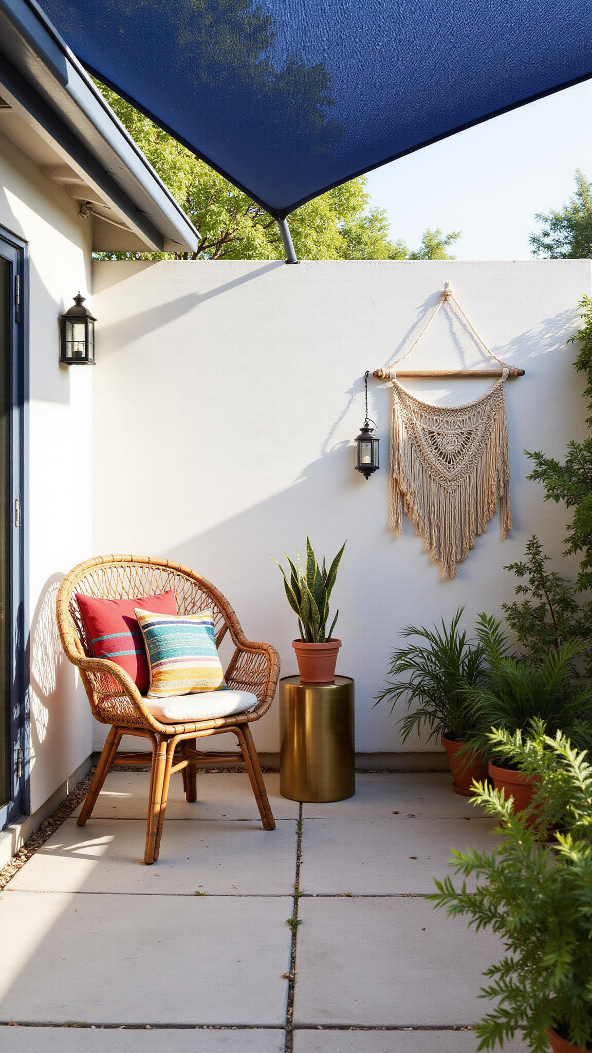 Bohemian patio corner with navy blue shade sail, rattan chair with colorful cushions, brass table, potted plants, and geometric shadows on concrete pavers.