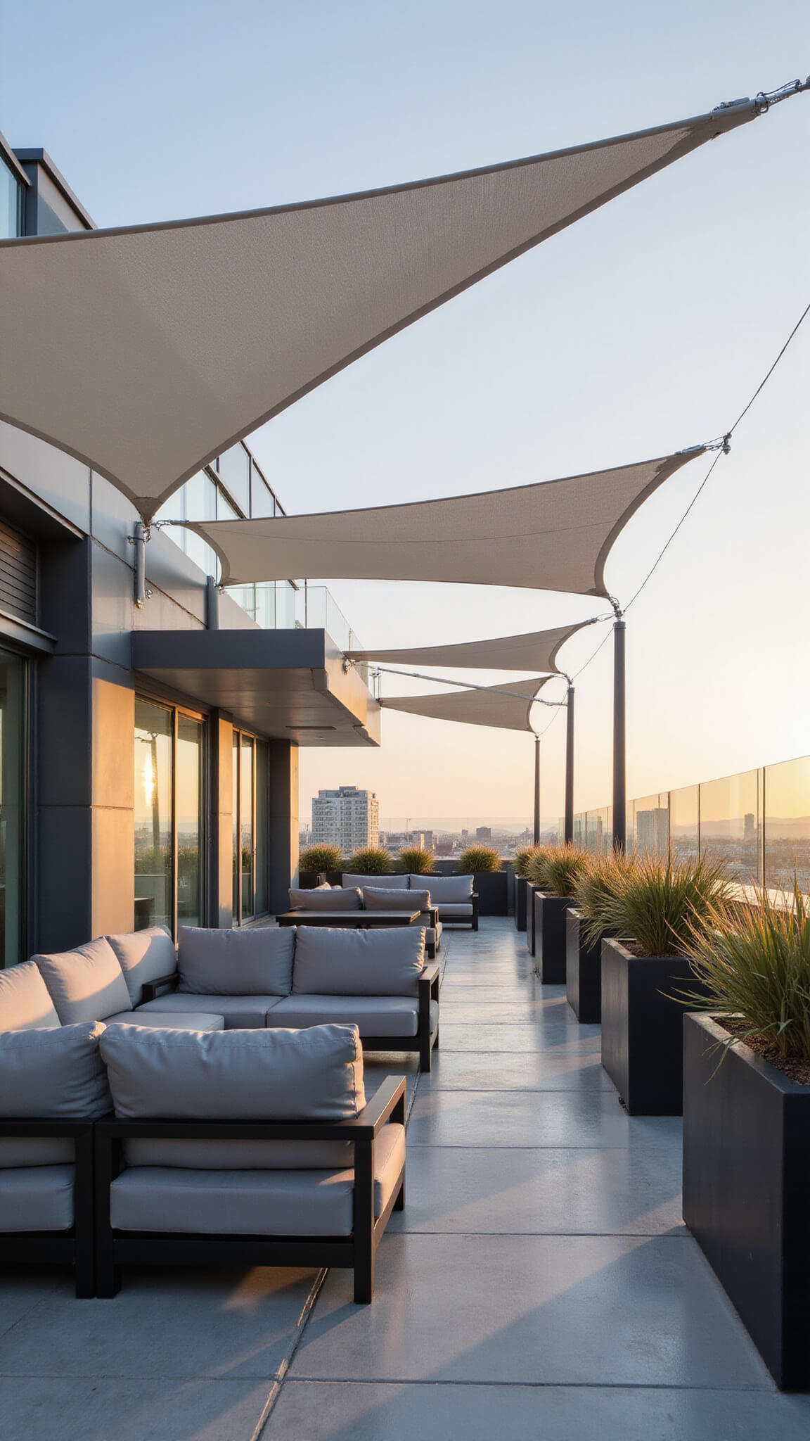 Modern rooftop terrace with white shade sails, grey furniture, black planters, and sunset lighting.