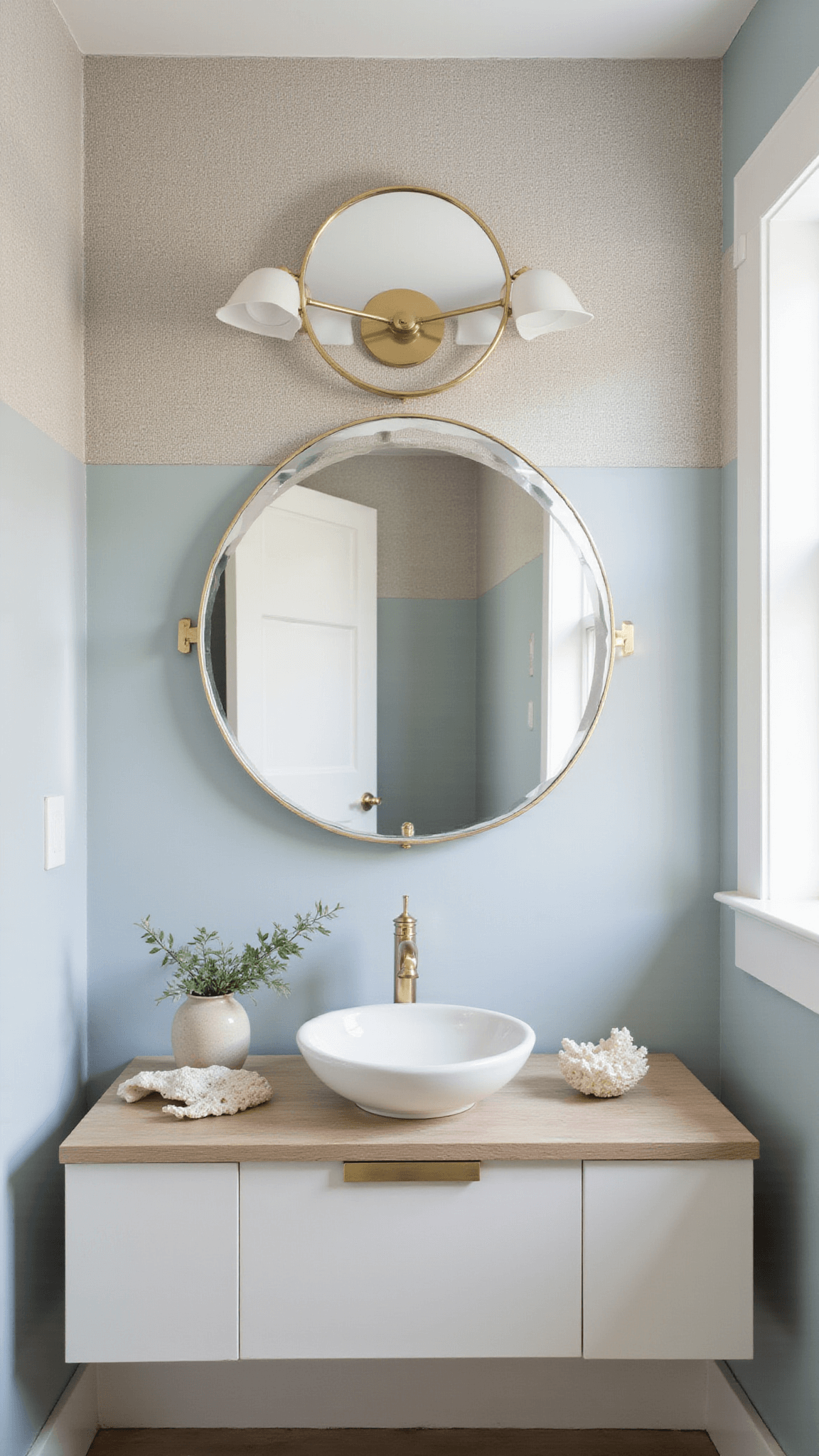 Coastal powder room with floating white oak vanity, vessel sink, and brass-framed round mirror reflecting skylight; pale gray-blue walls with grasscloth wallpaper above chair rail, styled with coral, ceramic vessel, and eucalyptus.