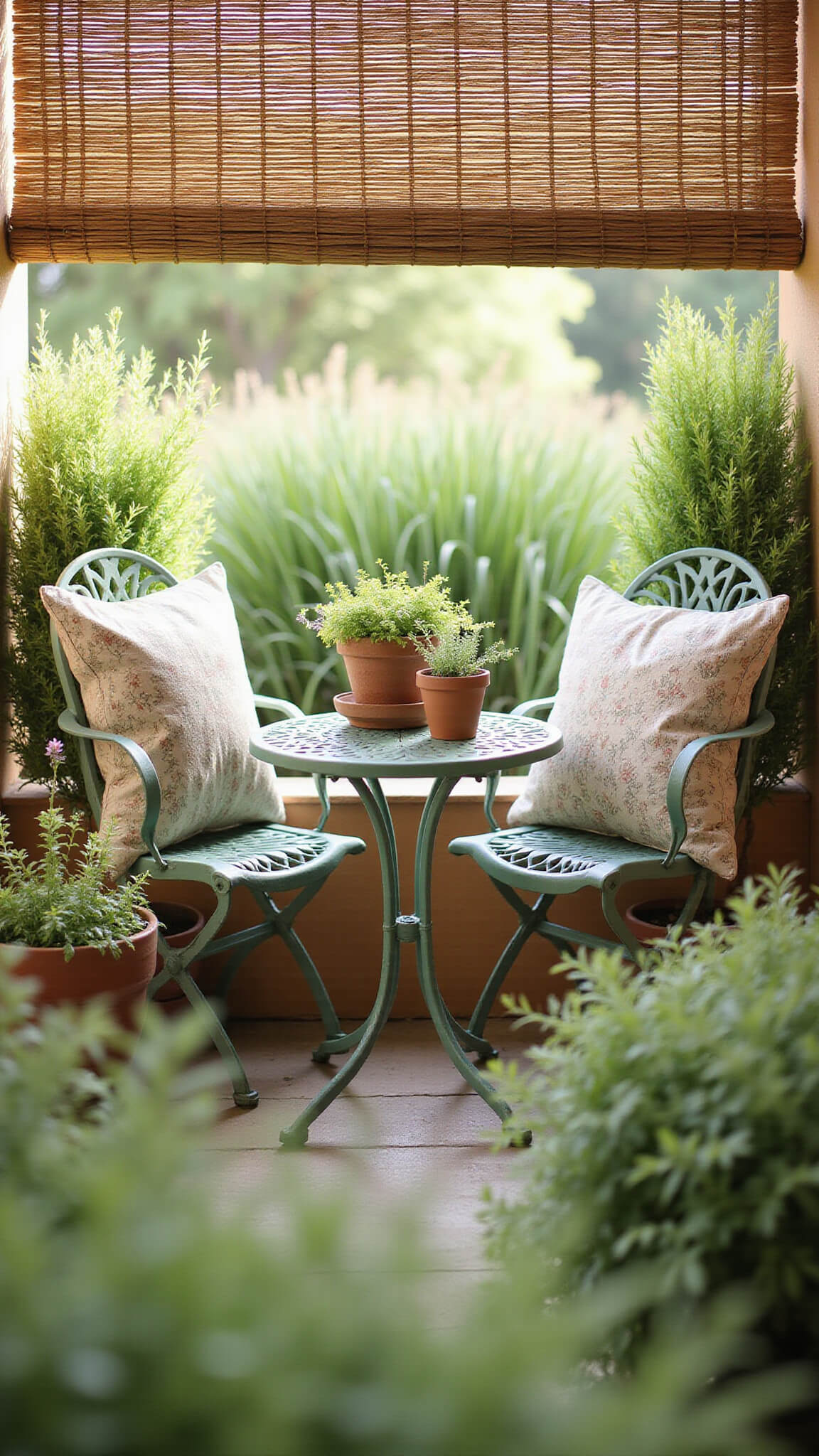 Eye-level view of a cozy garden nook with sage green vintage bistro set, patterned earth-tone pillows, surrounded by terra cotta pots of herbs and flowers, framed by ornamental grasses and dappled afternoon sunlight.