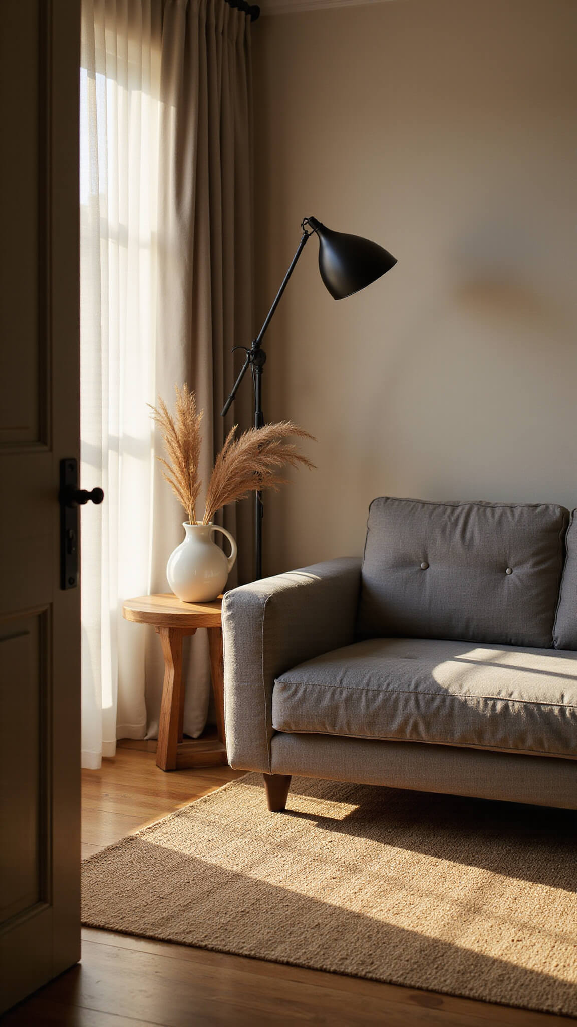 Japandi-style living room corner at golden hour with black metal floor lamp, gray linen sofa, jute rug, and oak side table with pampas grass.