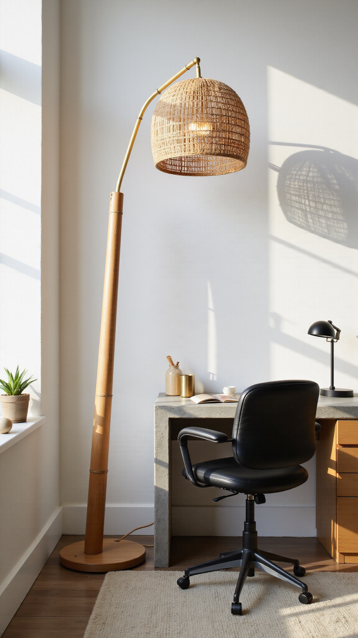 Minimalist 10x12ft home office with tall bamboo floor lamp casting organic shadows, raw concrete desk, black leather chair, and brass accents in natural morning light.
