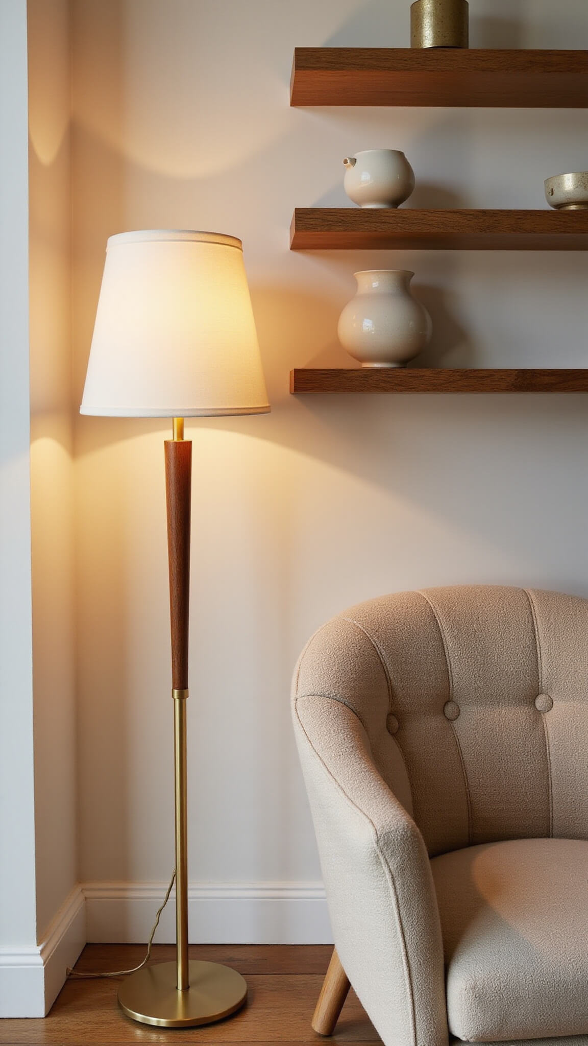 Cozy 8x10ft reading nook at dusk with a brass and wood Japandi floor lamp, curved oatmeal bouclé chair, floating oak shelves with ceramic vessels, and warm minimalist decor in cream, brass, and natural wood tones.