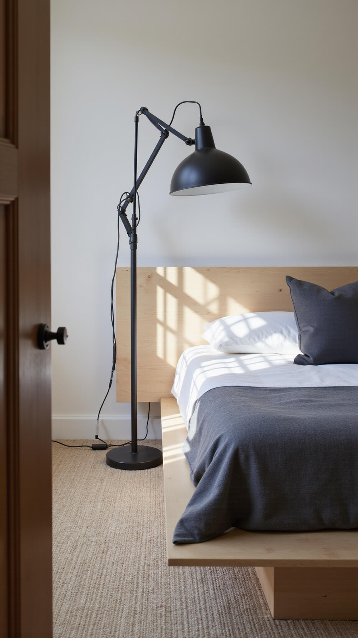 Contemporary monochromatic bedroom with black metal floor lamp beside bleached maple platform bed, cream wool rug, and soft morning light through rice paper screens.