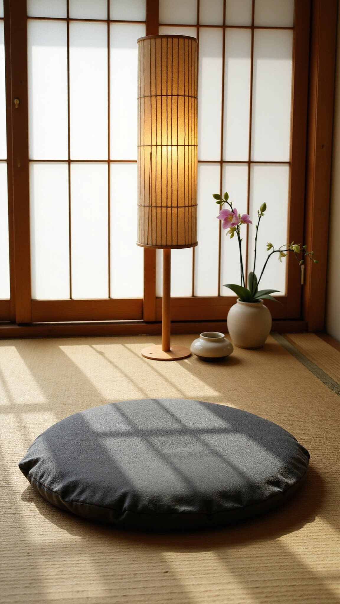 Bird's eye view of a Zen-inspired 12x15ft meditation room with a central charcoal linen cushion on tatami mats, surrounded by tall bamboo, a glowing paper floor lamp, a ceramic incense holder, and a single orchid, all illuminated by diffused light through shoji screens.