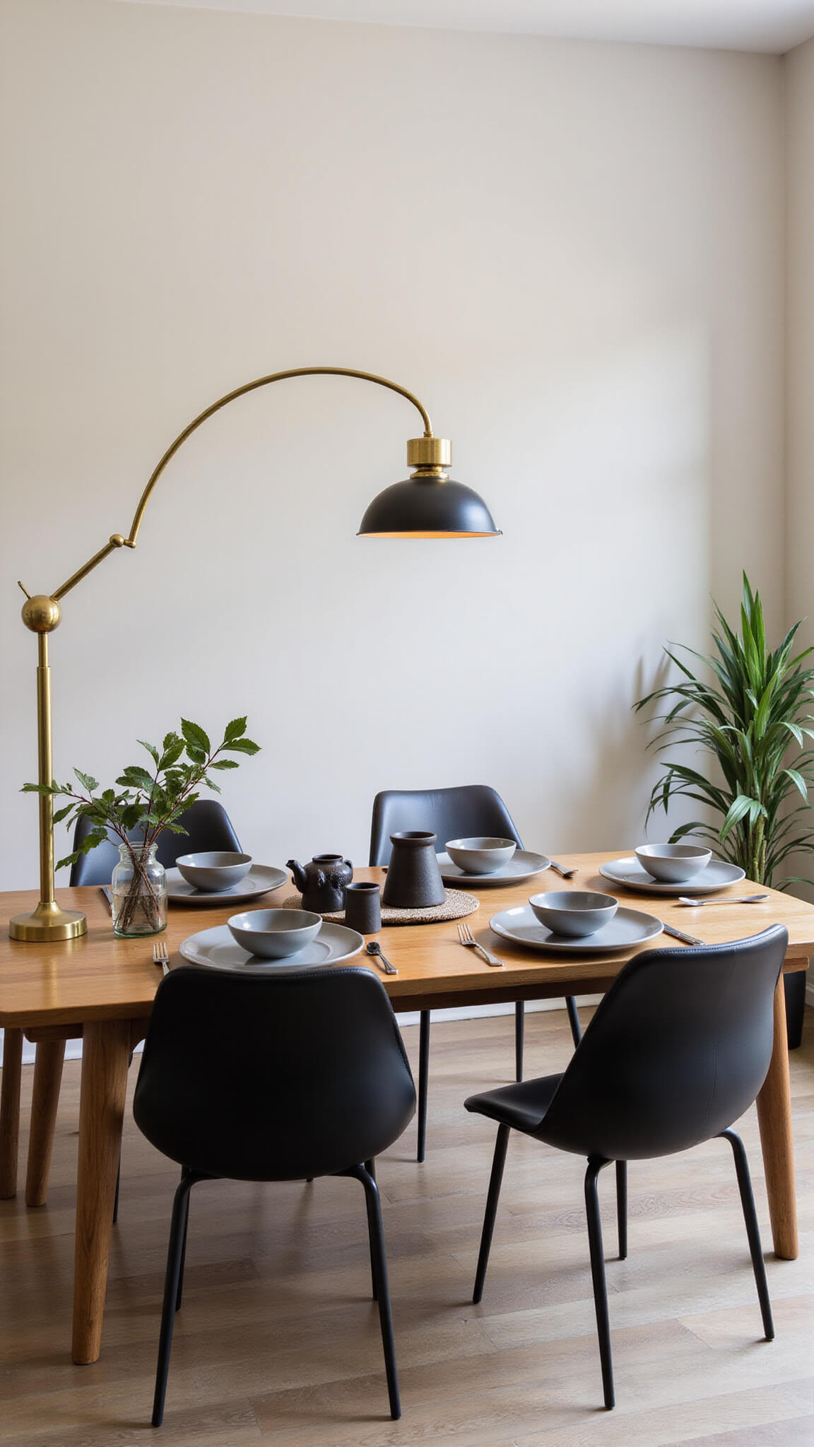 Modern dining area with brass floor lamp arching over oak table set with gray ceramic dinnerware and black leather chairs.
