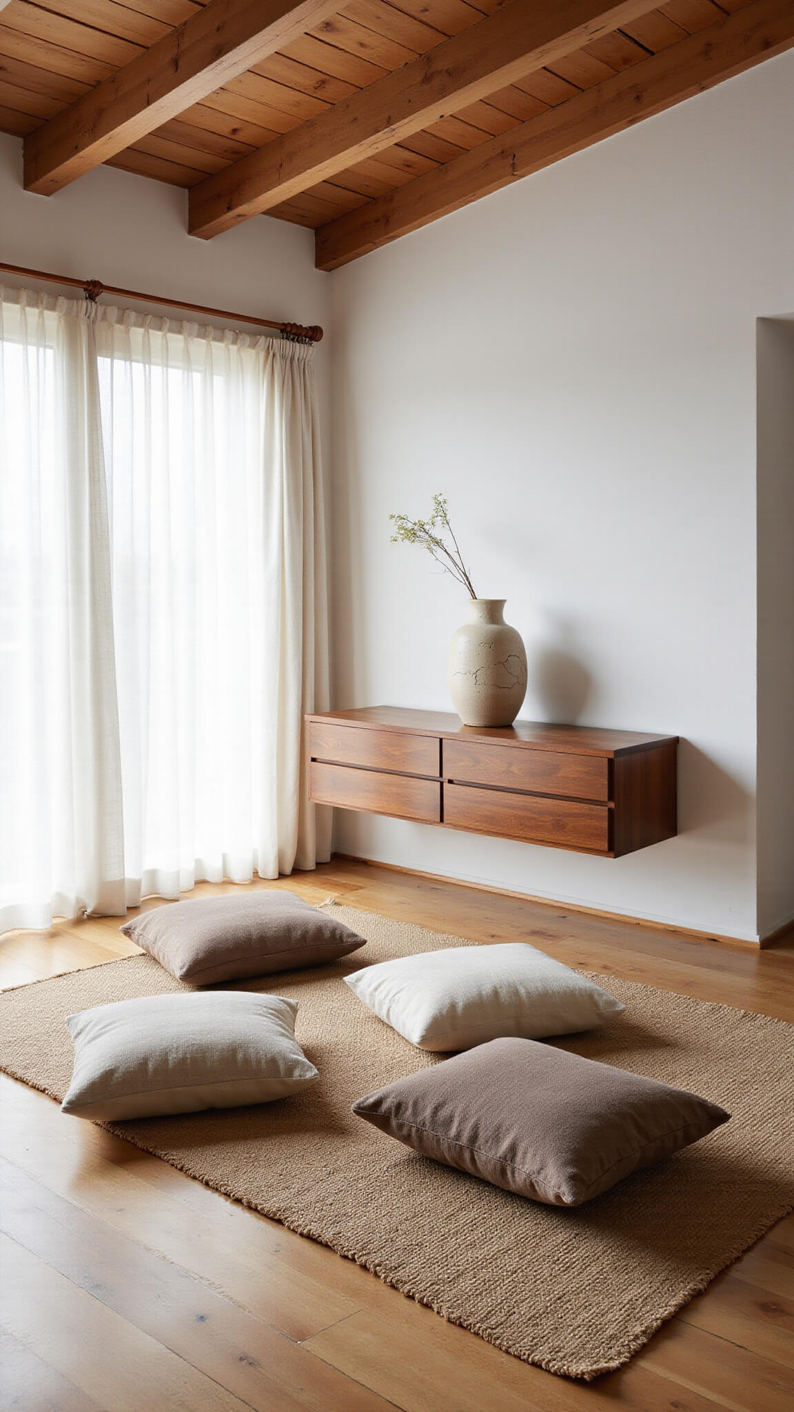 Minimalist sunlit living room with exposed beams, vintage ceramic vase on walnut console, floor cushions on jute rug, and natural wood textures.