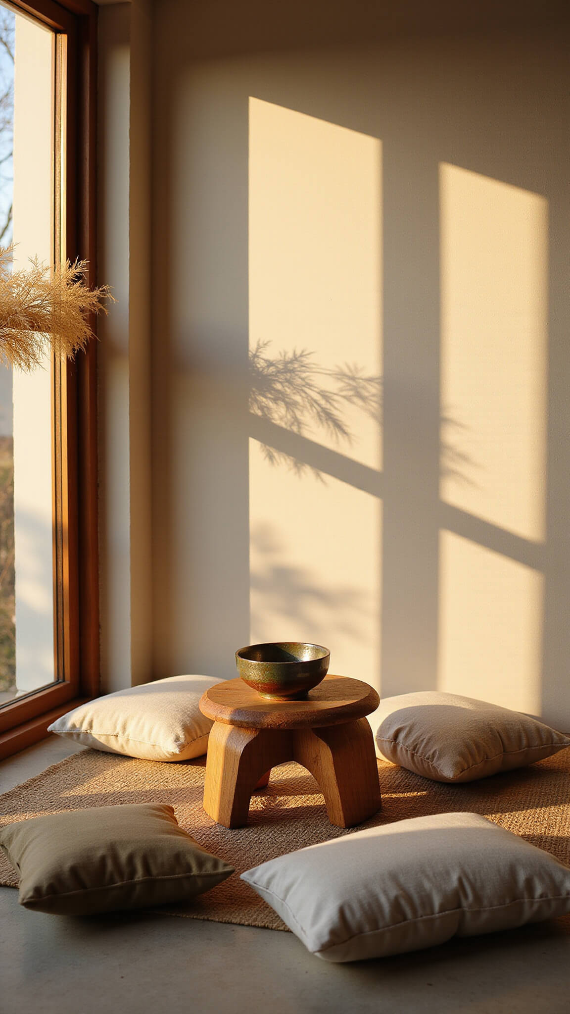 Sunlit meditation corner with rustic wooden stool, handmade raku bowl, linen cushions, and pampas grass casting soft shadows on warm ivory plaster walls.
