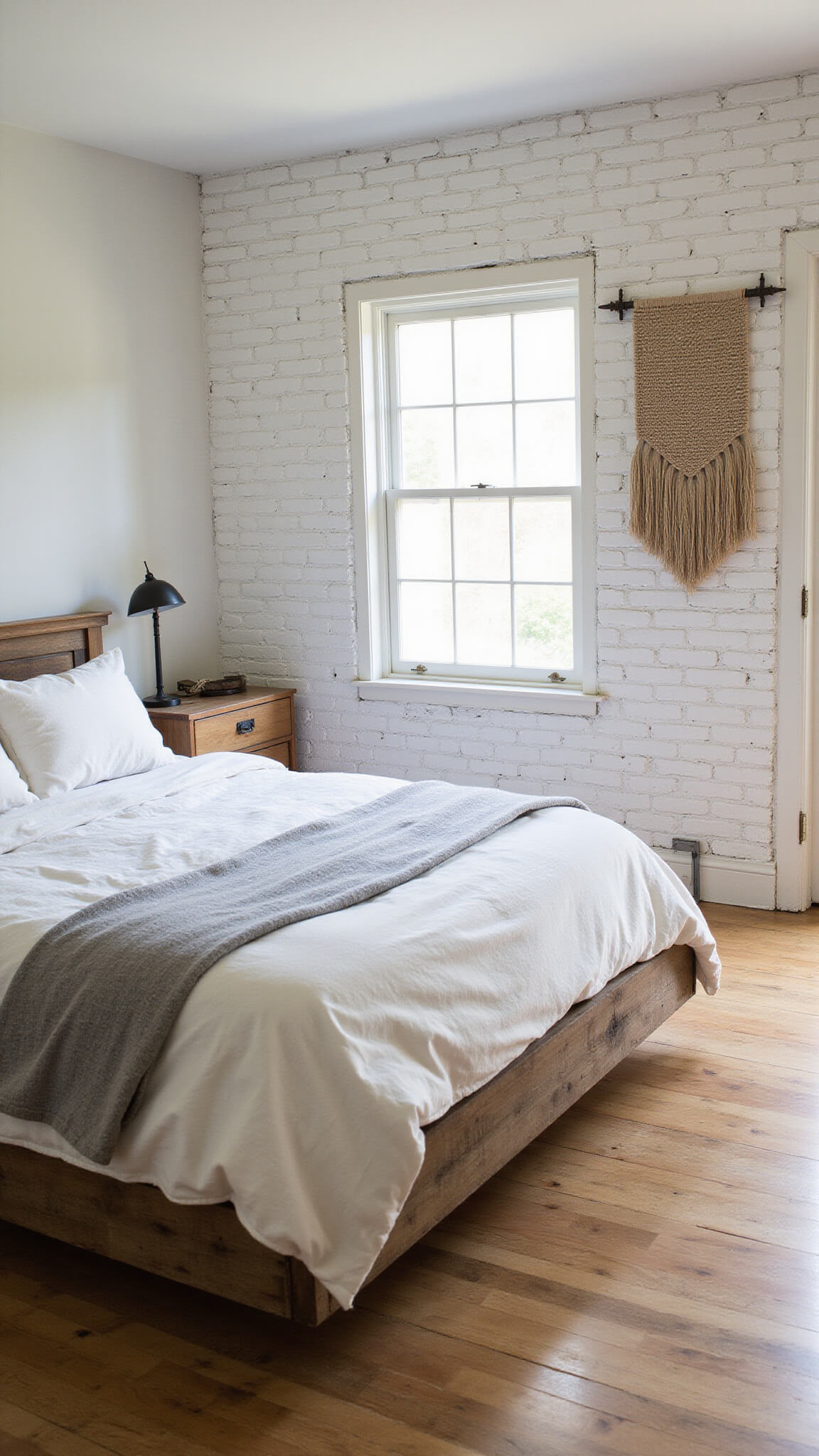 Master bedroom with whitewashed brick walls, worn hardwood floors, reclaimed wood platform bed, rumpled organic bedding, and handwoven wall hanging in soft morning light.
