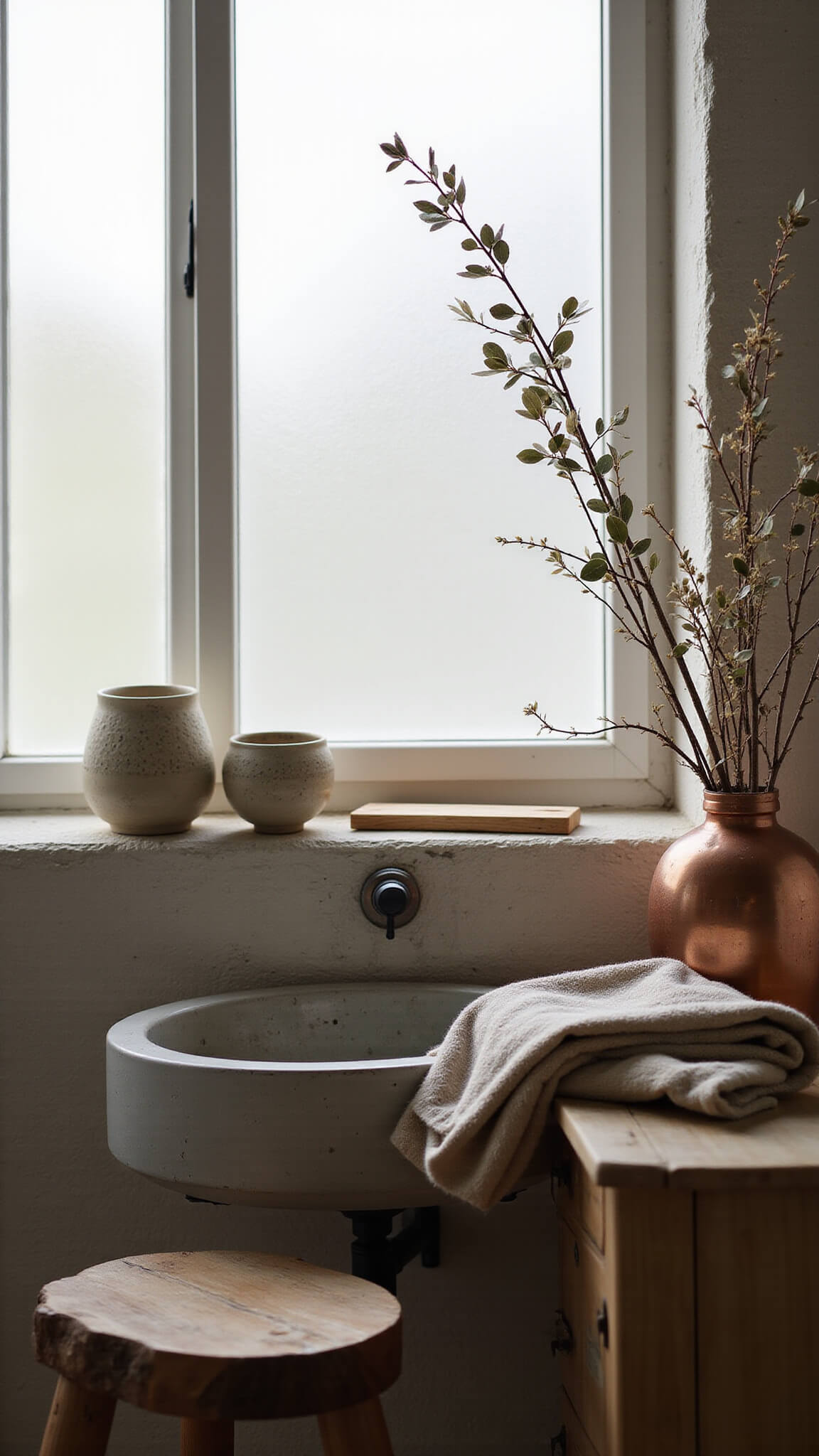 Serene 10x12ft bathroom with weathered concrete sink, handmade ceramic vessels, raw-edge wooden stool with linen towels, and dried eucalyptus in copper vase, lit by afternoon light through frosted glass.