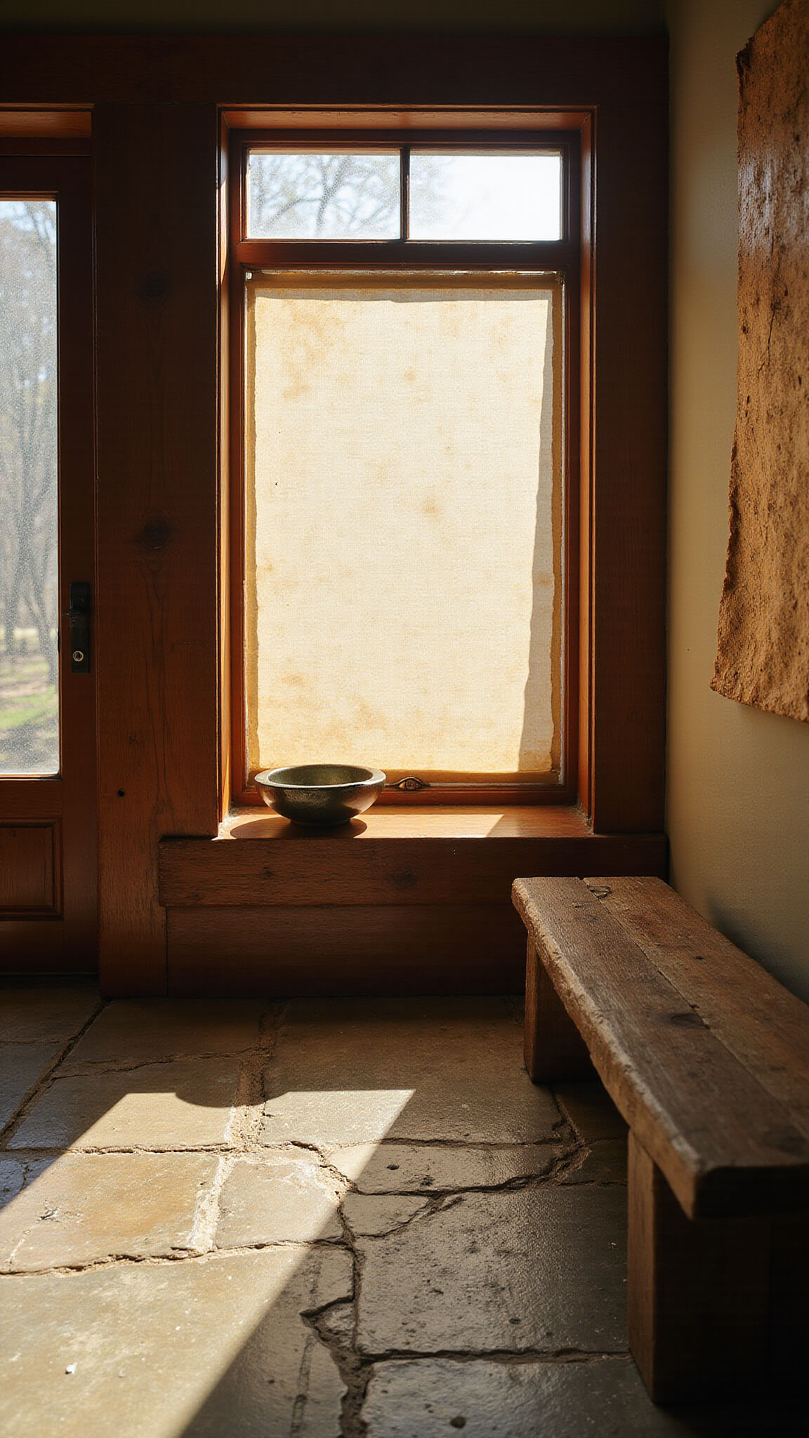 Entryway with sunlit dust motes, aged wood bench, kintsugi ceramic bowl, handmade paper art, and worn stone tiles.