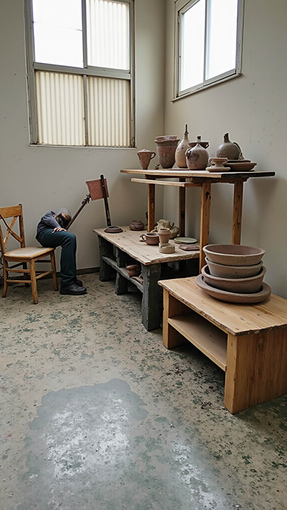 Artist's corner with paint-splattered easel, clay vessels on rustic table, and distressed concrete floors lit by natural midday light.