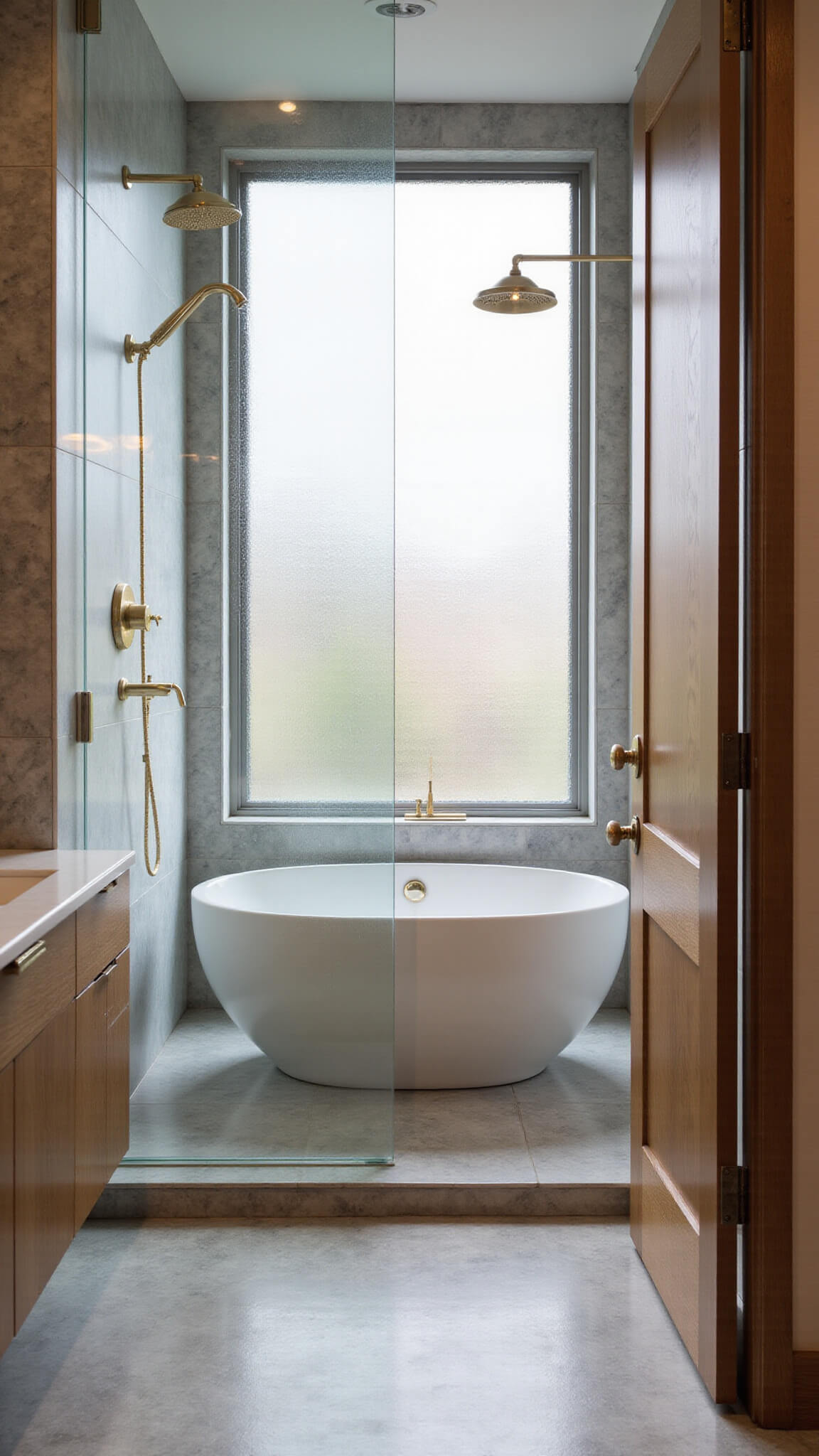Modern wet room bathroom with freestanding white tub, marble-look tiles, brushed gold fixtures, and natural light streaming through frosted window.