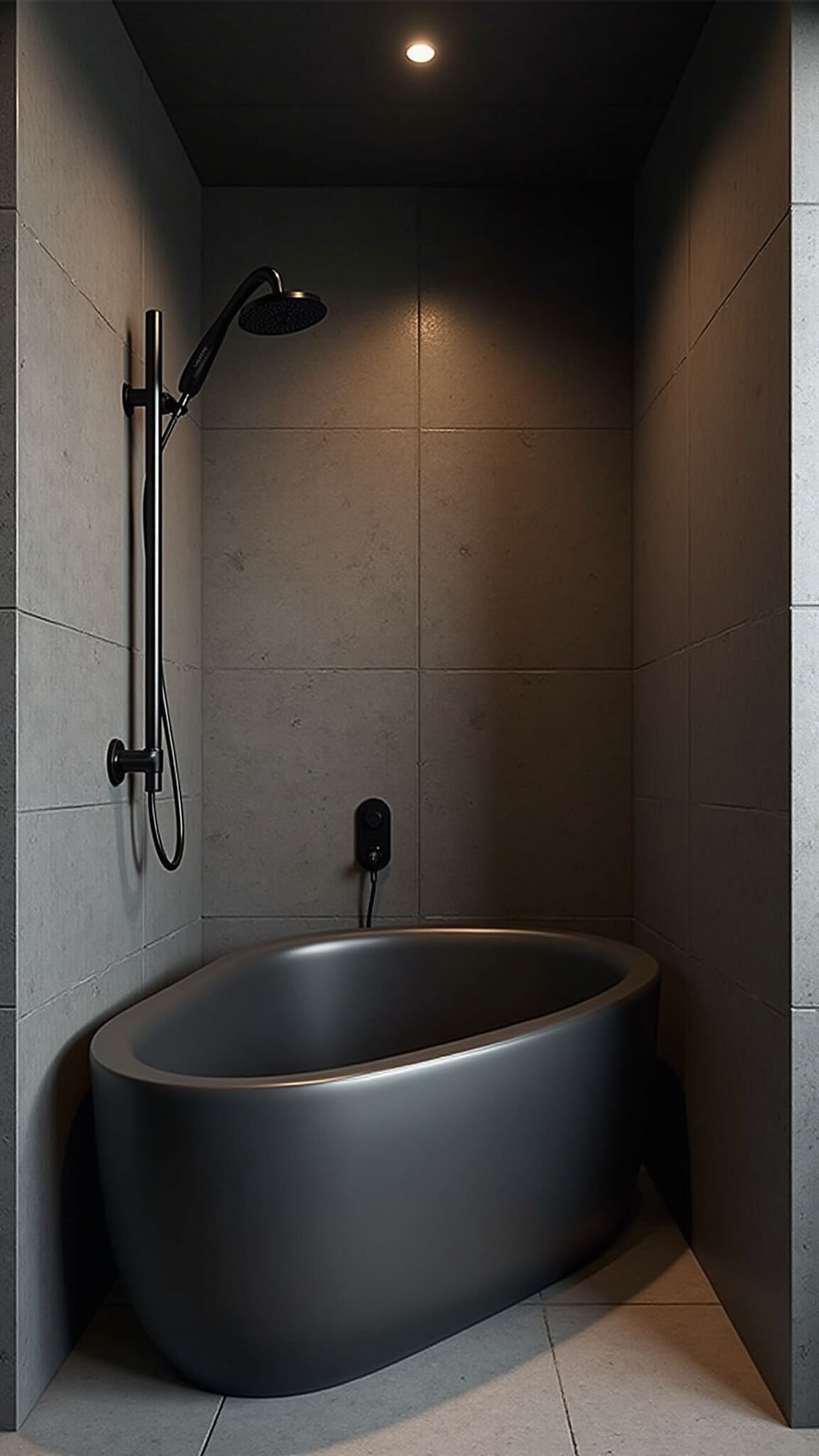 Compact 8x10ft wetroom with matte black 60-inch soaking tub, charcoal veined tiles, and minimalist black fixtures, lit by soft golden hour and indirect LED lighting.
