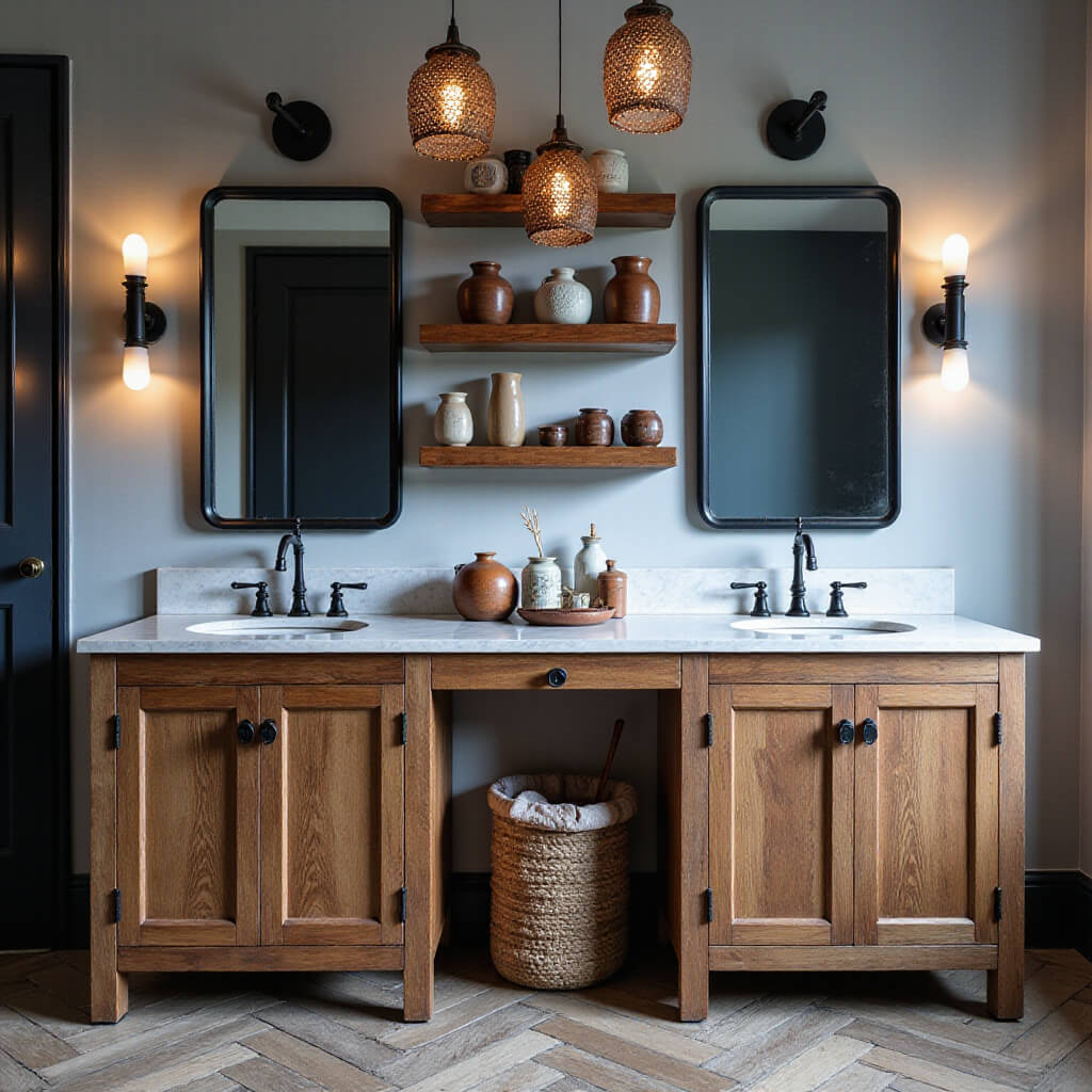 Symmetrical double vanity with reclaimed barnwood cabinets, marble countertop, black-framed mirrors, industrial sconces, and vintage pottery on open shelves, set against a herringbone oak floor during blue hour.
