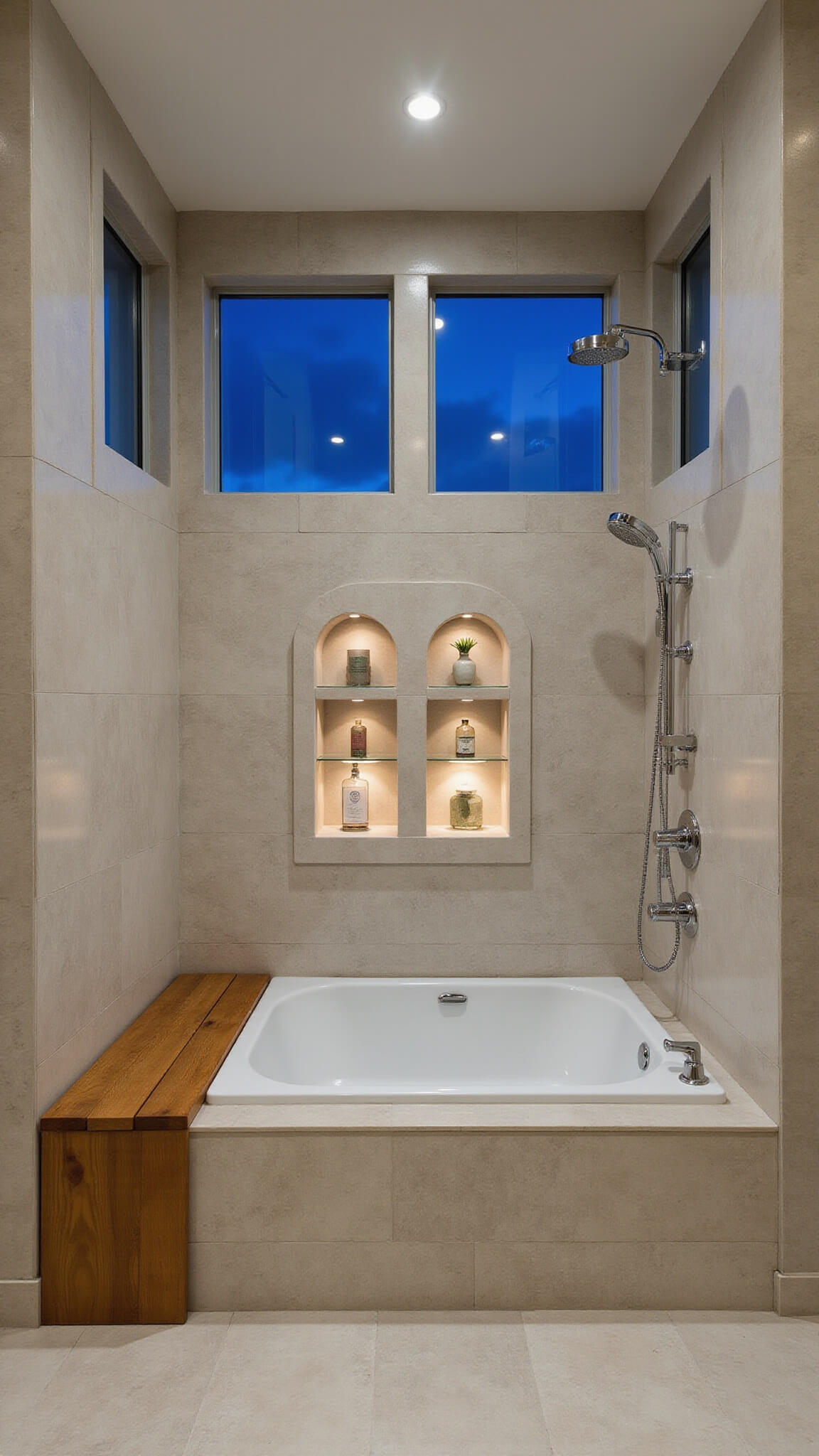 Overhead view of a modern master bathroom with Japanese soaking tub, dual rainfall showers, teak bench, and floor-to-ceiling windows at dusk.