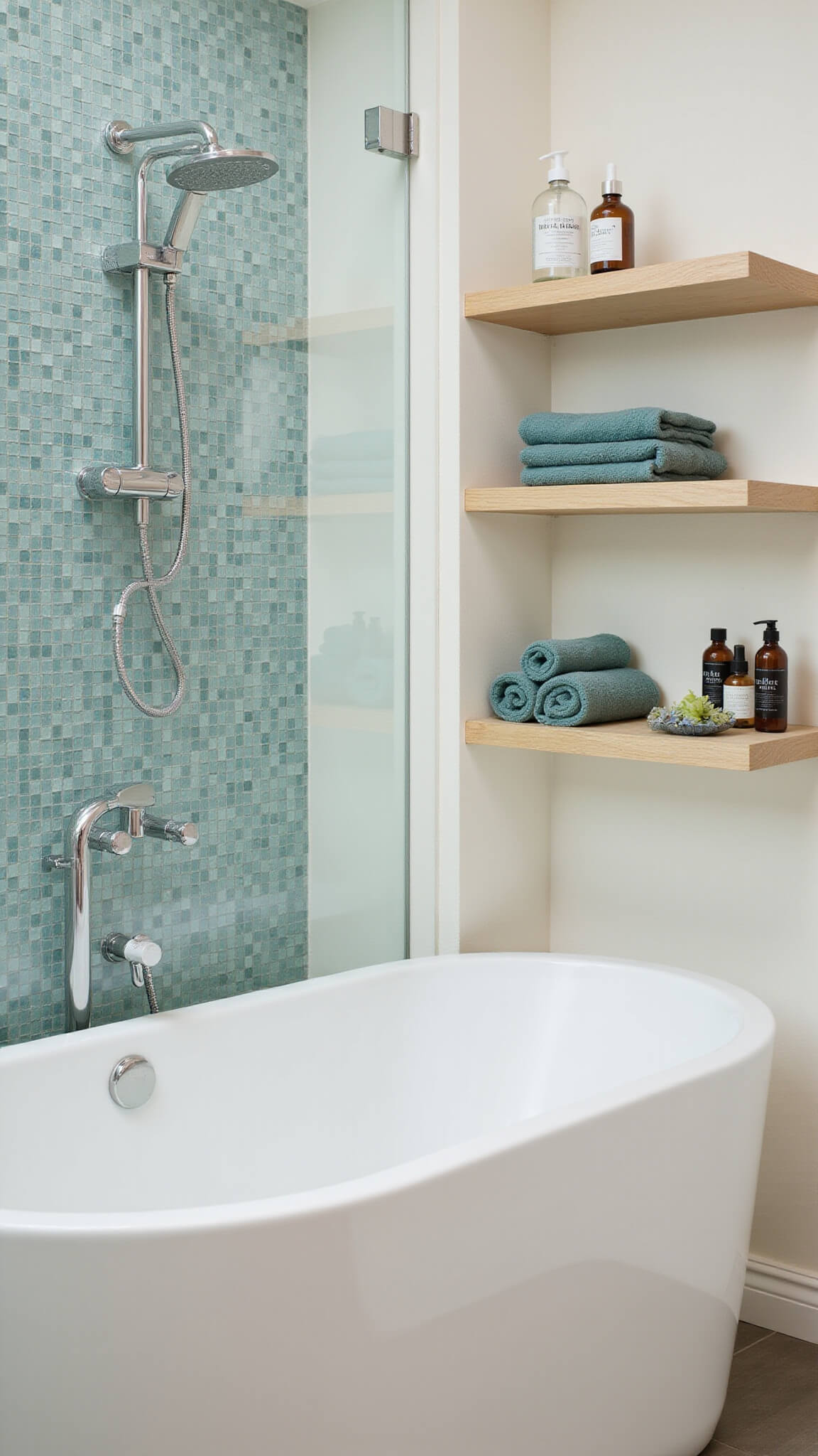 Modern bathroom with white acrylic tub against aqua and silver mosaic wall, glass divider, chrome shower, and white oak shelves with towels and aromatherapy items.