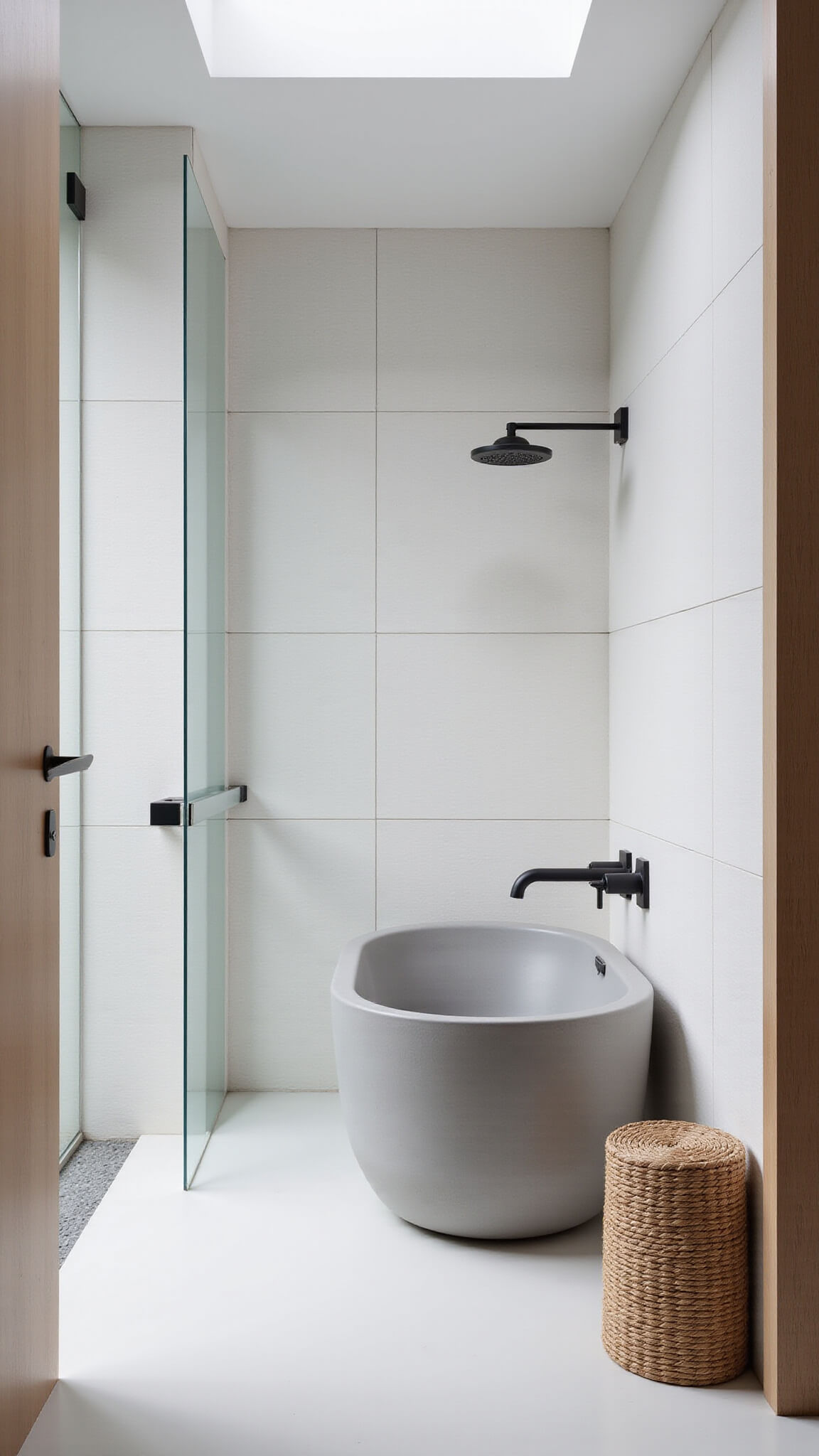 Scandinavian wetroom with gray oval tub, white textured tiles, matte black fixtures, pale oak accents, and skylight-filtered daylight.