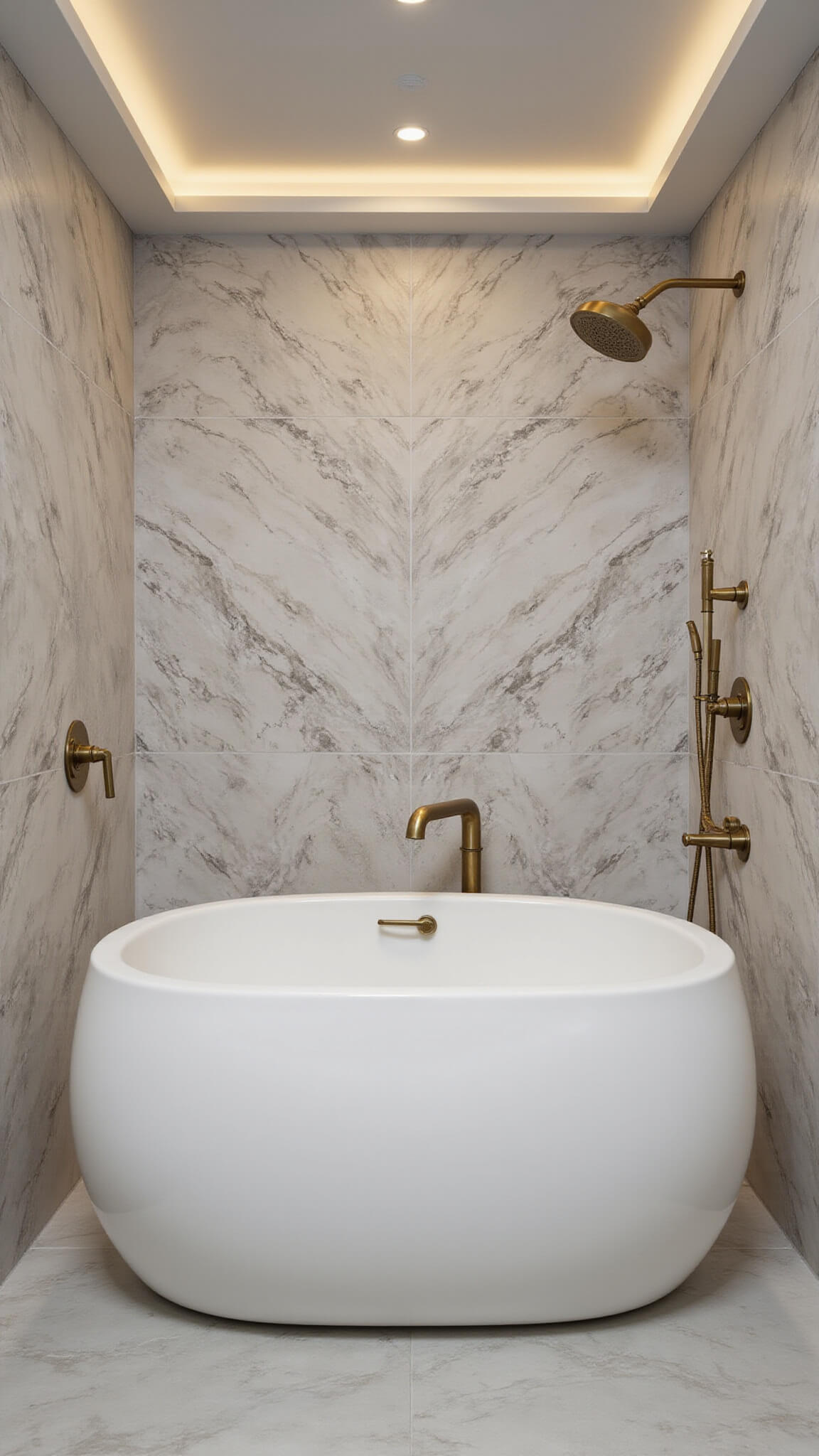 Sophisticated 11x14ft boutique hotel-style bathroom at twilight with pearl white freestanding tub, book-matched marble-effect walls, champagne bronze fixtures, and ambient LED lighting.