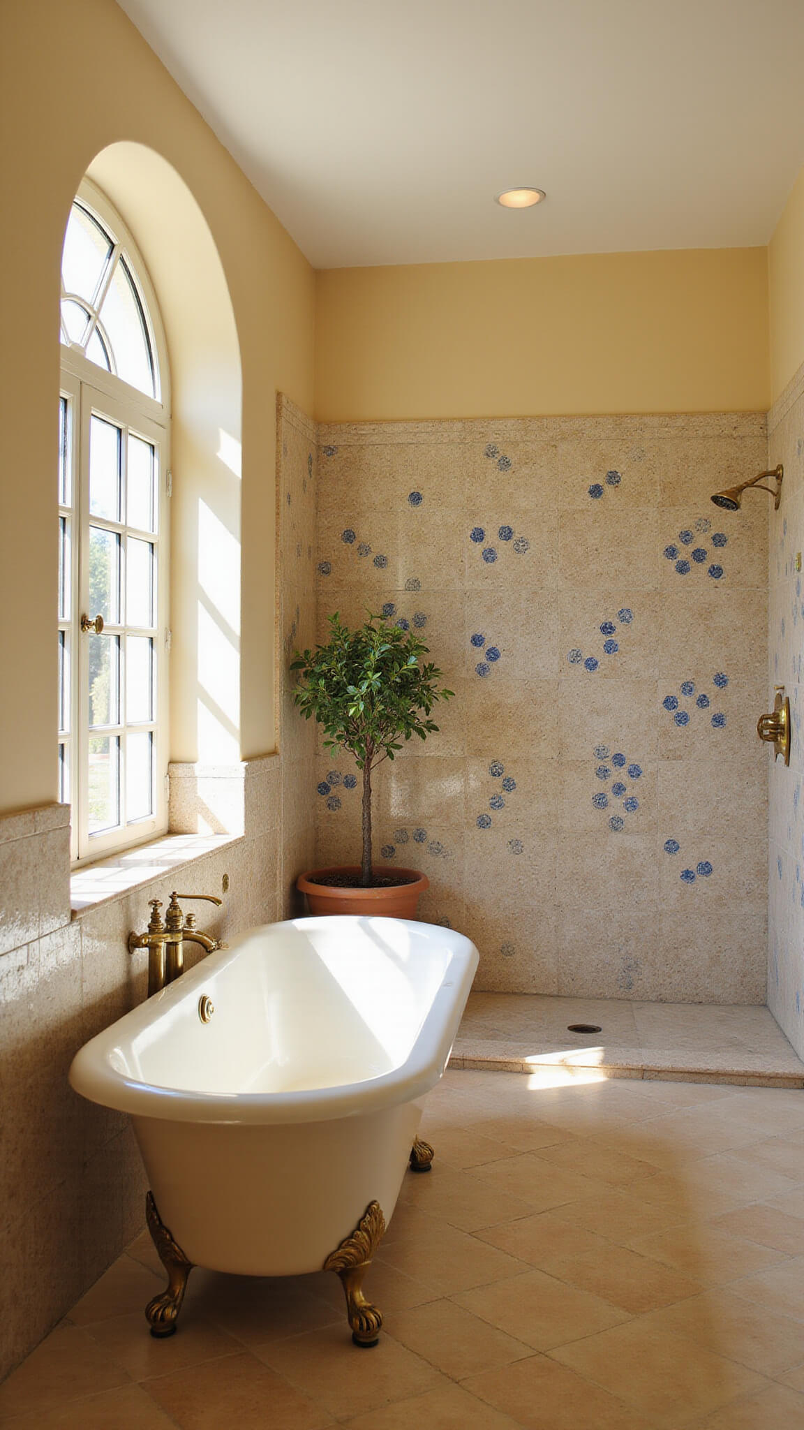 Mediterranean-style spa bathroom with white slipper tub, sea blue zellige tiles, terra cotta floor, brass fixtures, olive tree, and morning light through arched window.