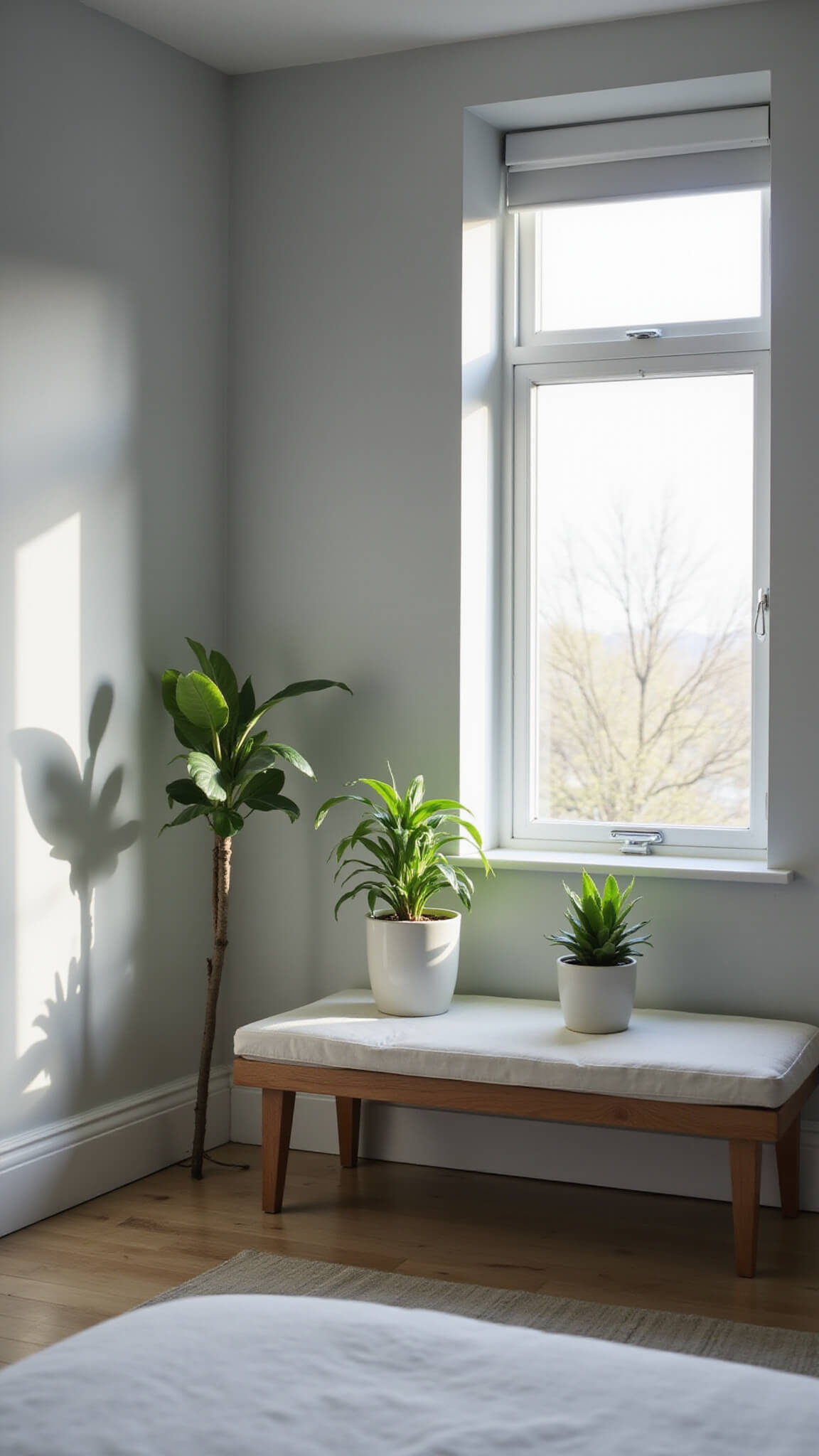Minimalist bedroom at dawn with Chinese Money Plants on a wooden bench, white linen bedding, soft morning light casting leaf shadows on light gray walls and bleached oak flooring.
