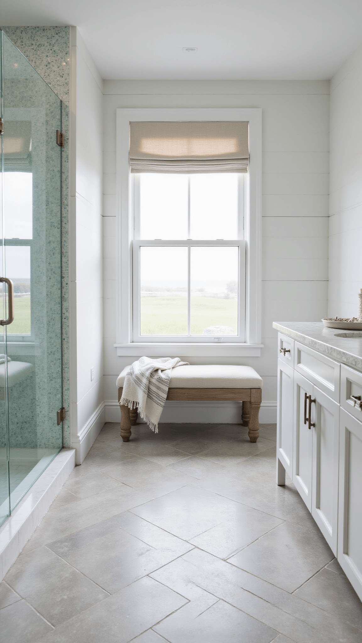 Coastal modern bathroom with herringbone greige tile floor, glass shower, sea glass mosaic wall, and linen bench under sunlit window.