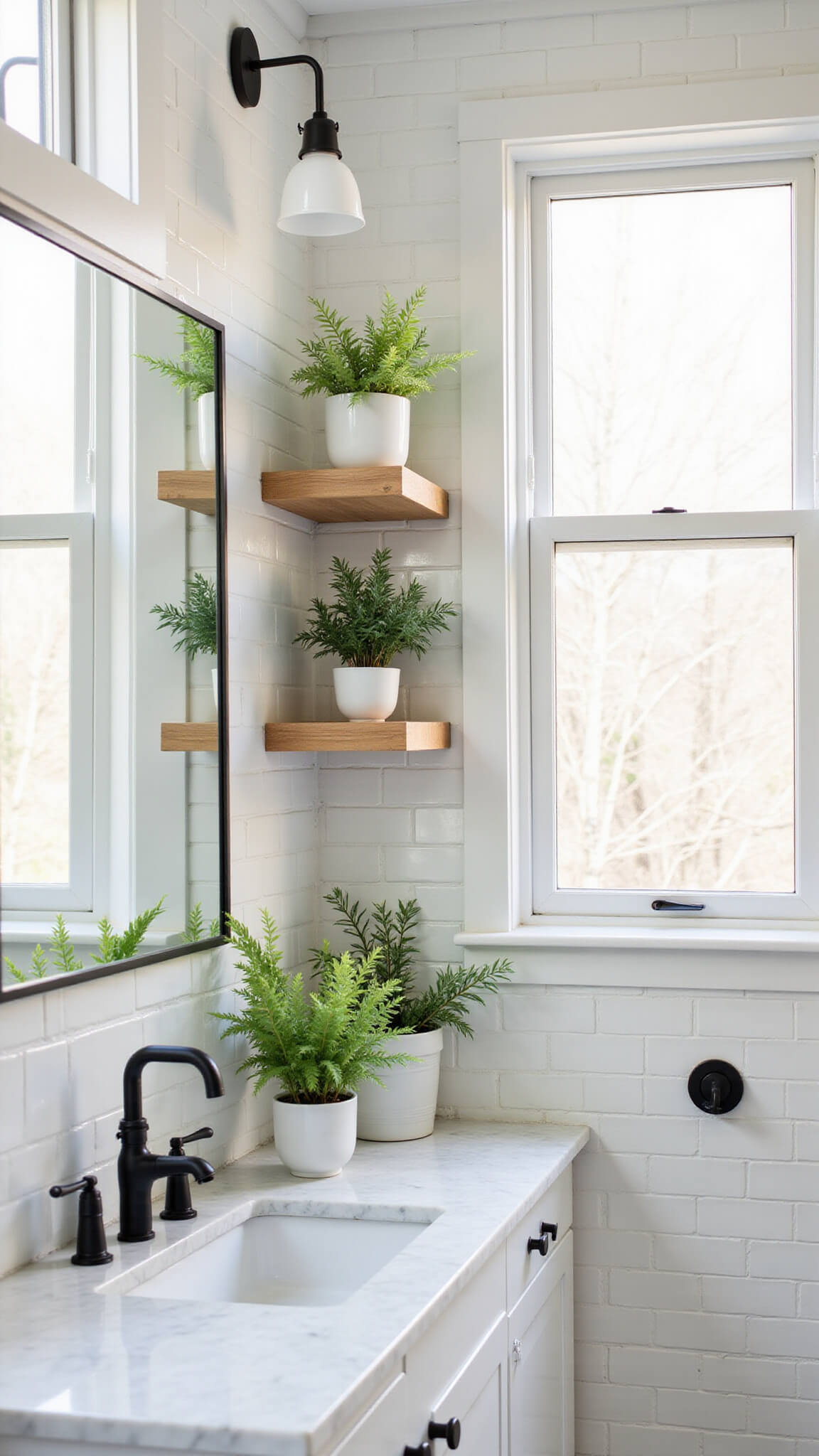 Sunlit 8x10ft bathroom with white subway tiles, matte black fixtures, floating wooden shelf with air-purifying plants, and marble countertop reflecting morning light.