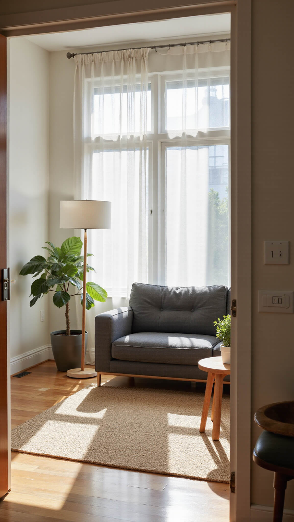 Tranquil living room with charcoal sofa, oak coffee table, jute rug, and fiddle leaf fig, bathed in warm afternoon light through sheer curtains.