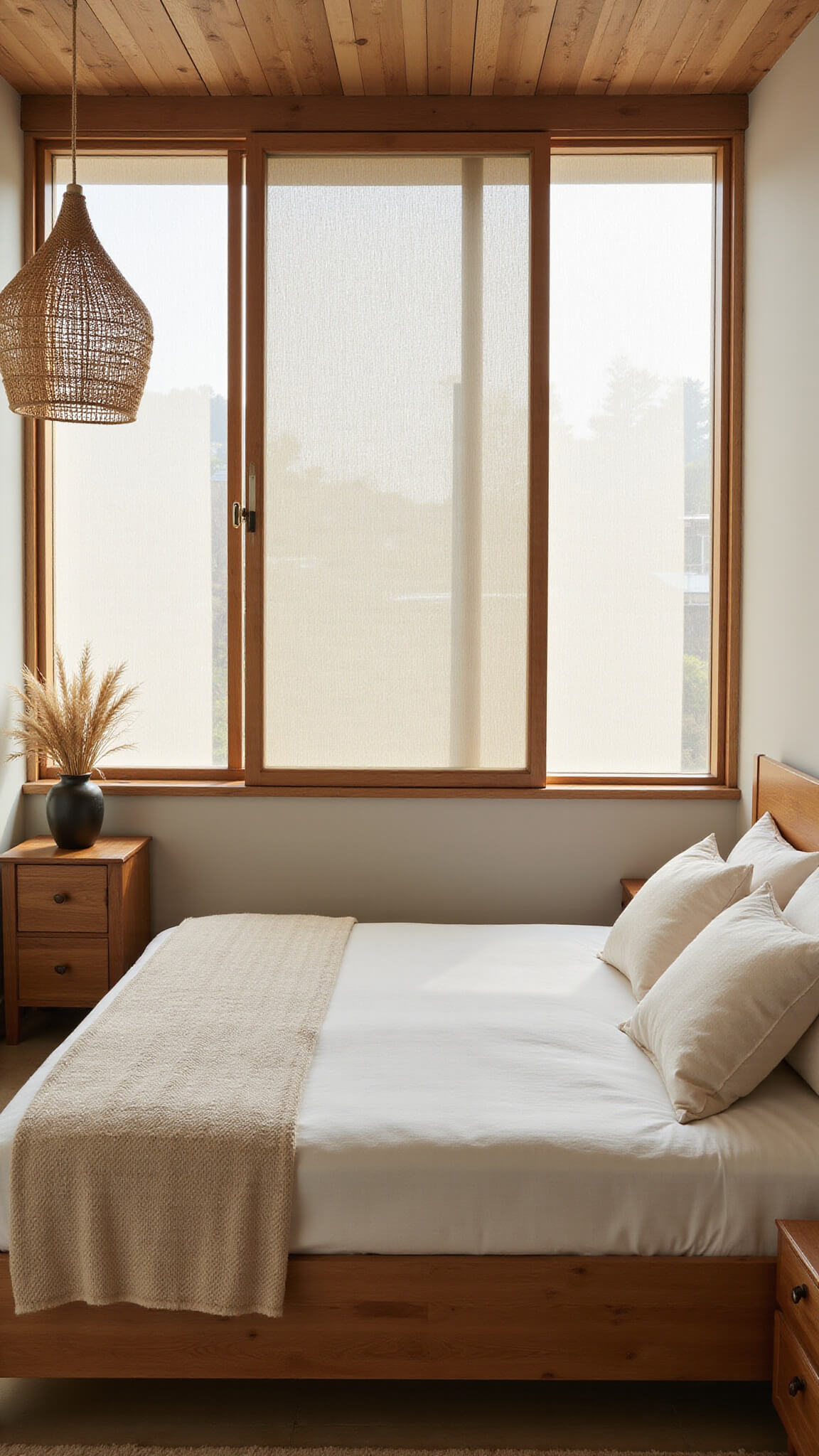 Serene 15x12ft bedroom with beam ceiling, dawn light through rice paper screens, low walnut platform bed in ivory linens, minimal nightstands with pampas grass, rattan pendant casting soft patterns.