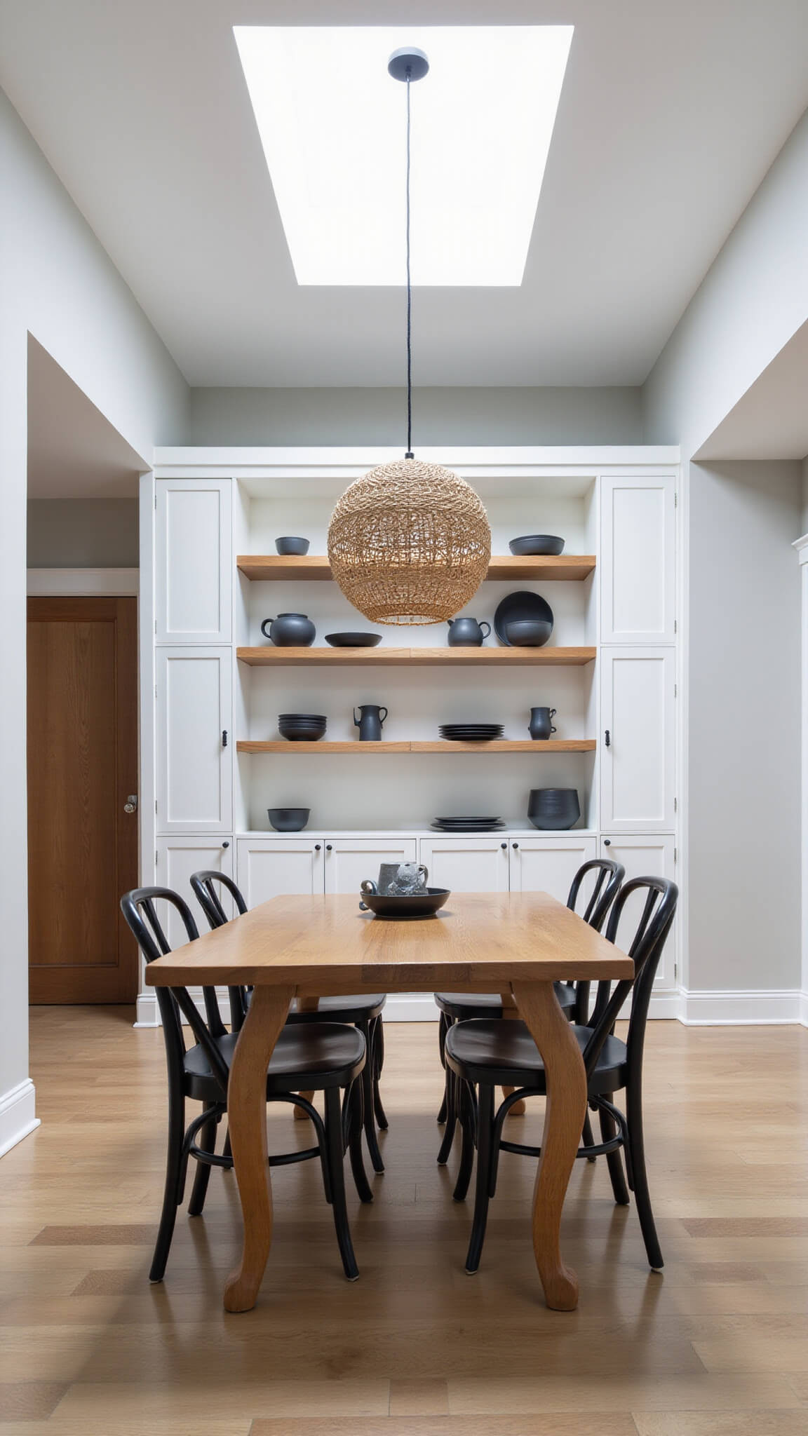 Modern dining space with skylight, solid oak table for six, black curved chairs, natural fiber pendant, slate grey ceramic tableware, and built-in shelving with curated objects.