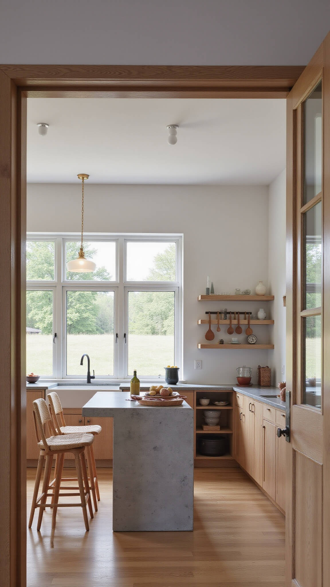 Modern 16x14ft kitchen with oak handleless cabinets, concrete countertops, granite waterfall island, woven bar stools, and warm ambient lighting highlighting natural materials.