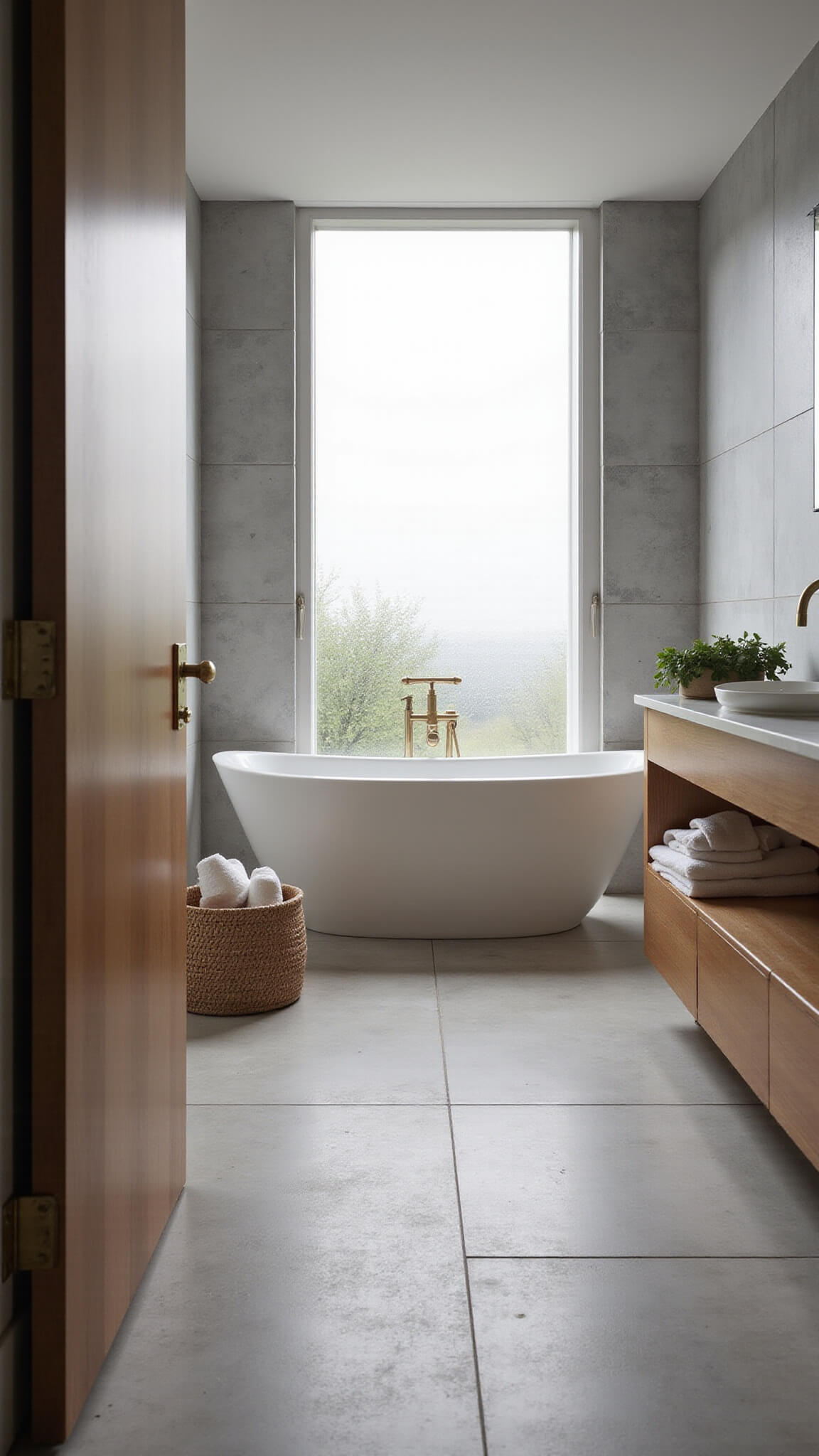 Modern spa-like bathroom with freestanding matte white soaking tub, floating wooden vanity, warm grey concrete-look tiles, brass fixtures, and diffused natural light through frosted window.