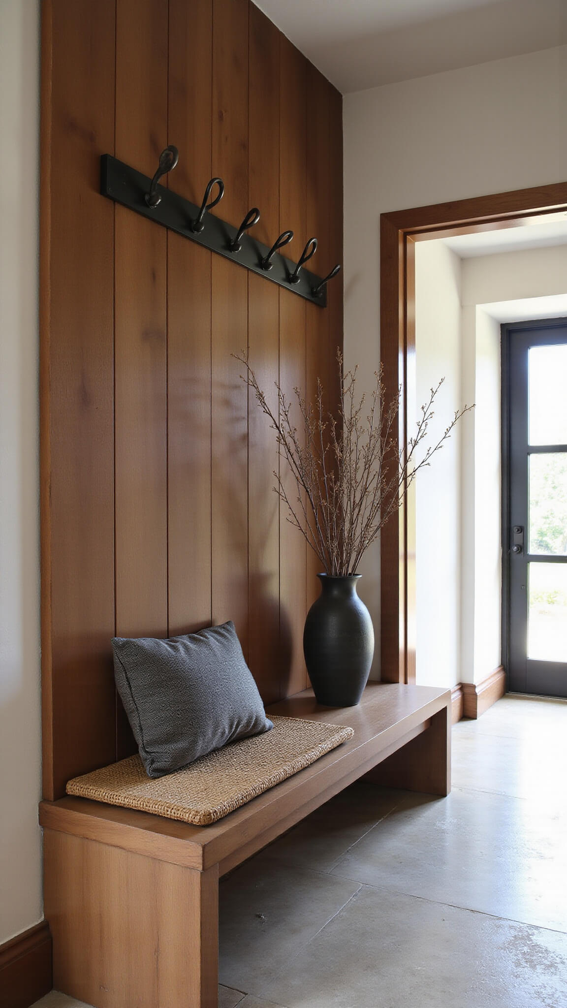 Entryway with built-in storage, low wooden bench with woven cushion, blackened steel coat hooks above, natural stone floor meeting wood paneling, ceramic vessel with dried branches, morning light casting dramatic shadows.