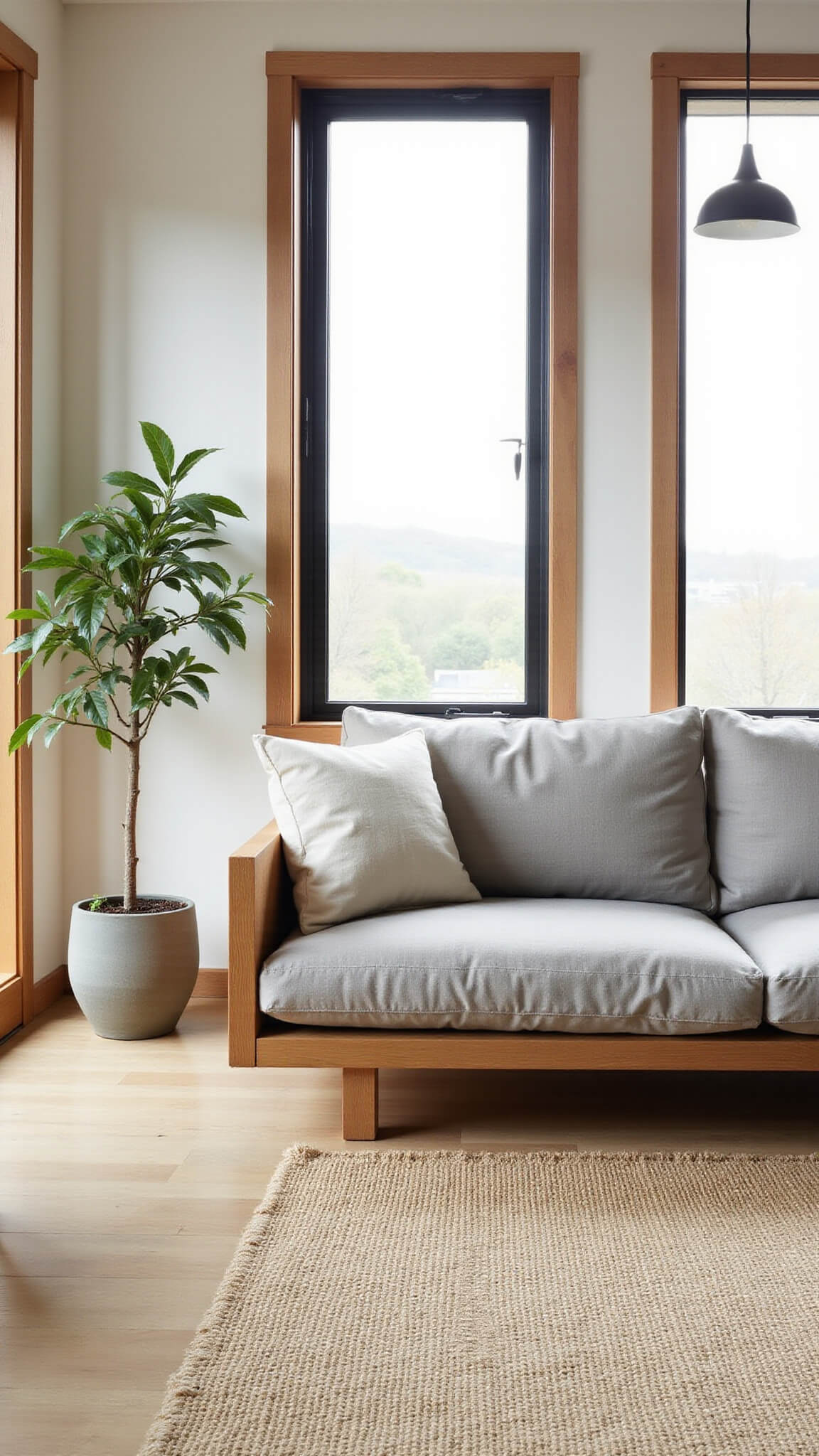 Japandi-style living room with low ash wood sofa, cream jute rug, and morning light through shoji screens, showcasing minimalist decor and soft neutral tones.
