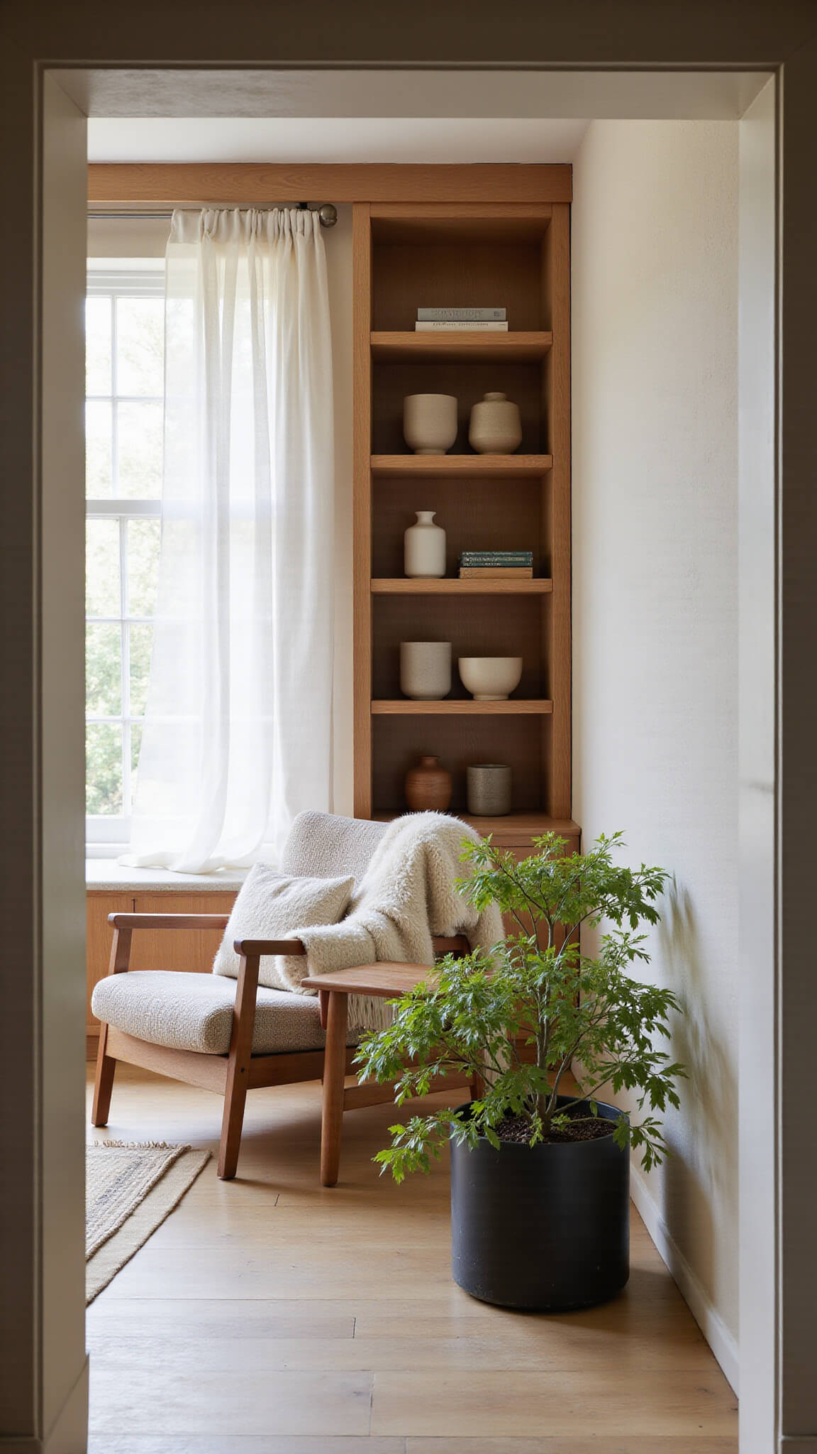 Wide-angle view of a serene Japandi-style room with oak shelving, earthy ceramics, beige bouclé armchair, wooden side table, and a Japanese maple in a black concrete planter.