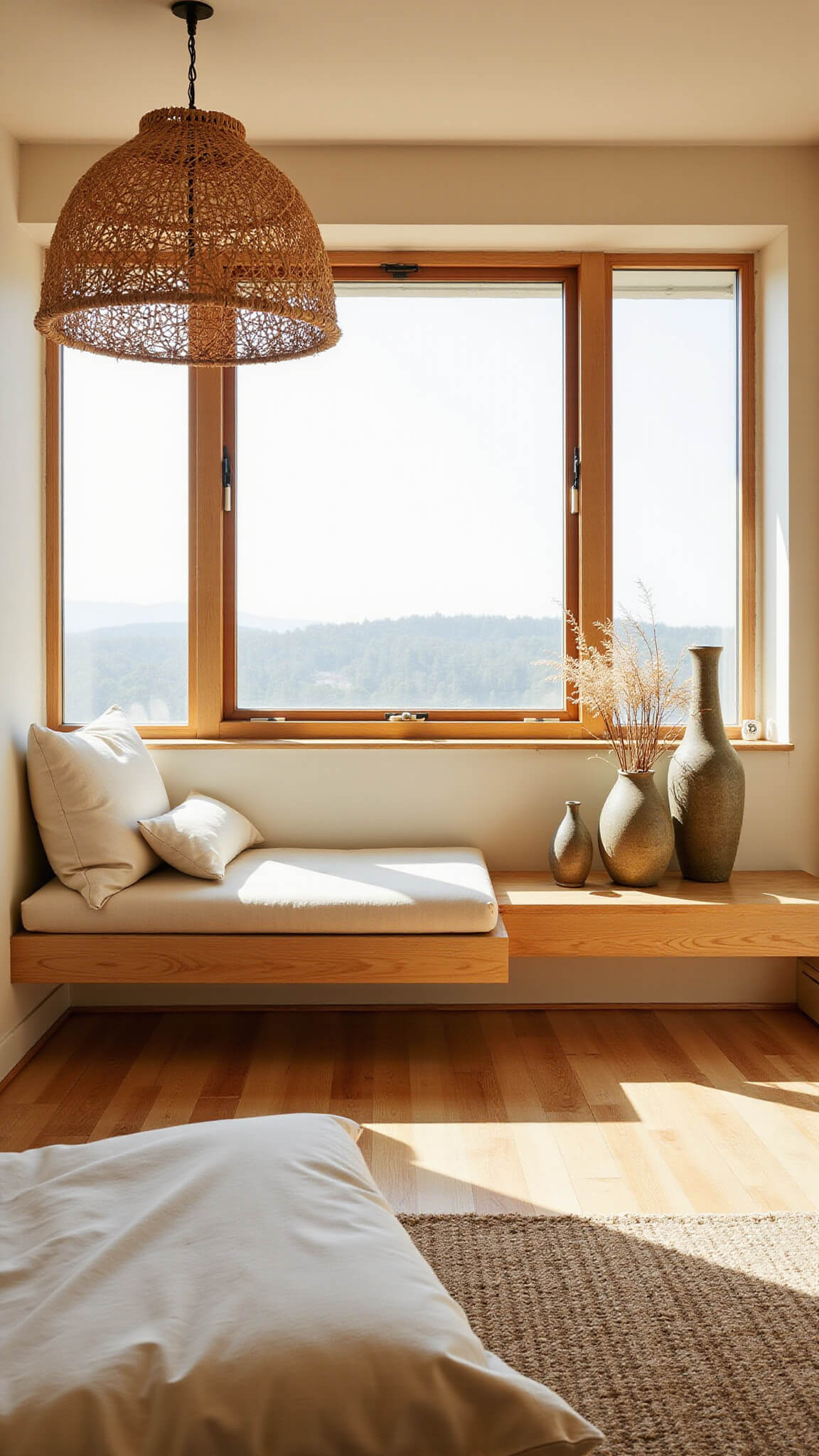 Japandi reading nook with oak bench, ivory cushions, bamboo pendant, and ceramic vessels in warm golden-hour light.