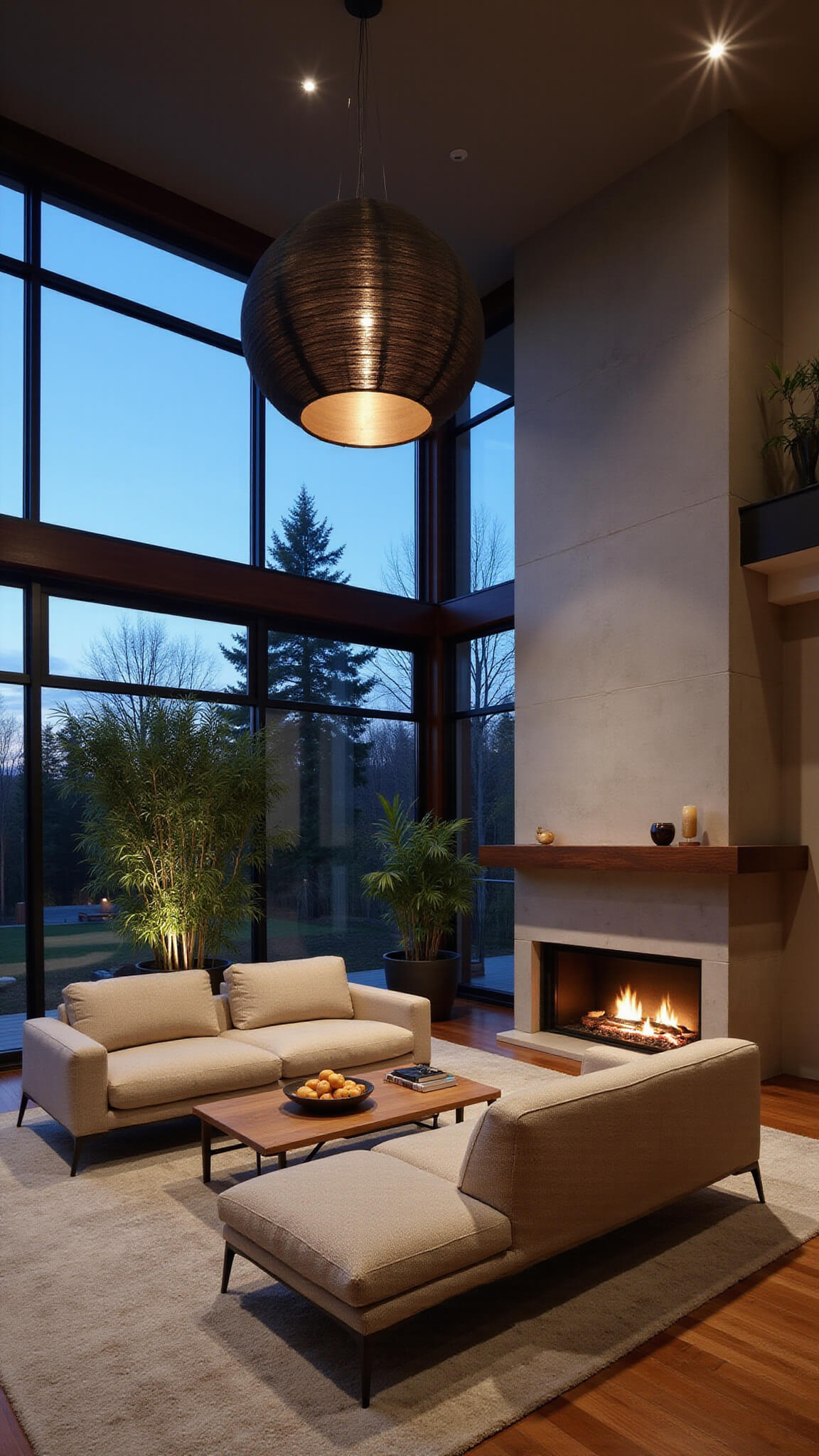 Modern Japandi great room at dusk with 12ft ceilings, concrete fireplace, floating wood mantel, oatmeal bouclé sectional, black paper lantern, and potted bamboo accents.