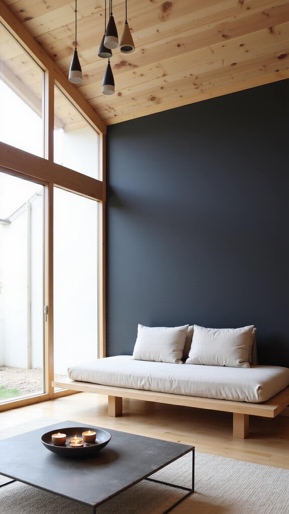 Bird's eye view of a serene Japandi living space with natural linen daybed, floor-to-ceiling windows, bleached pine beams, charcoal accent wall, and ceramic pendant lights in soft morning light.