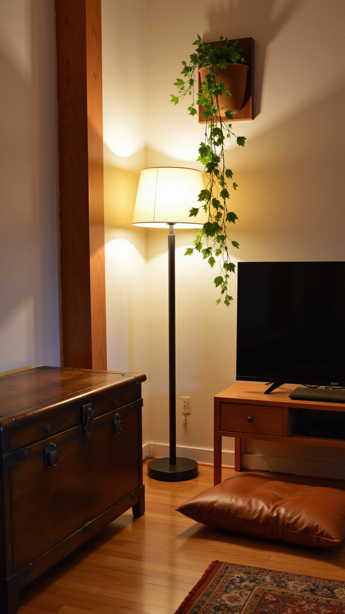 Japandi sitting room with tansu media console, leather floor cushions, paper lamp, and wall-mounted pothos at twilight.