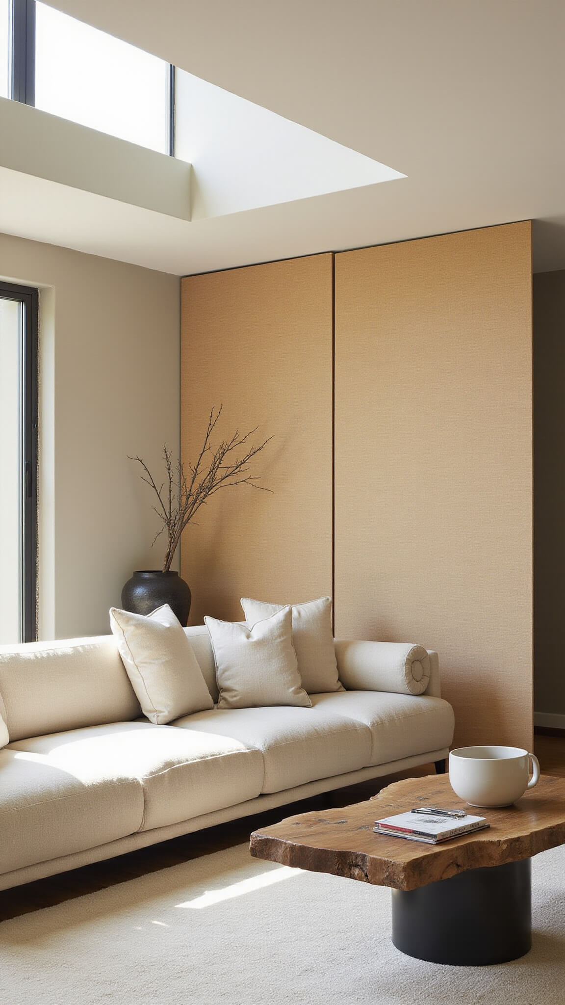 Japandi-style great room with cream wool sofa, black steel coffee table, rice paper room divider, and ceramic floor vase under natural daylight.