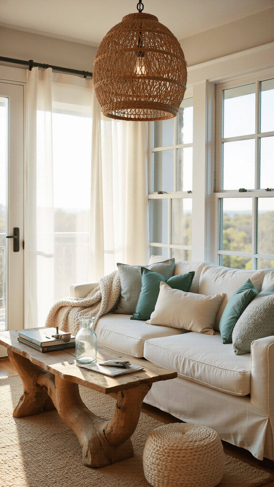 Coastal living room at golden hour with white linen sofa, rope pendant light, driftwood coffee table, and seafoam accents, bathed in warm sunlight through sheer curtains.