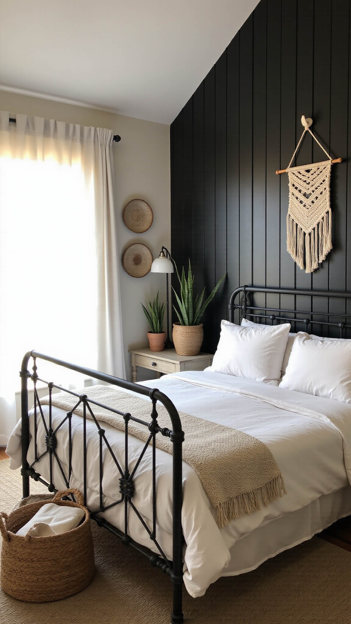 Cozy farmhouse boho bedroom with black shiplap accent wall, vintage iron bed, ivory linens, and golden hour light through sheer curtains.