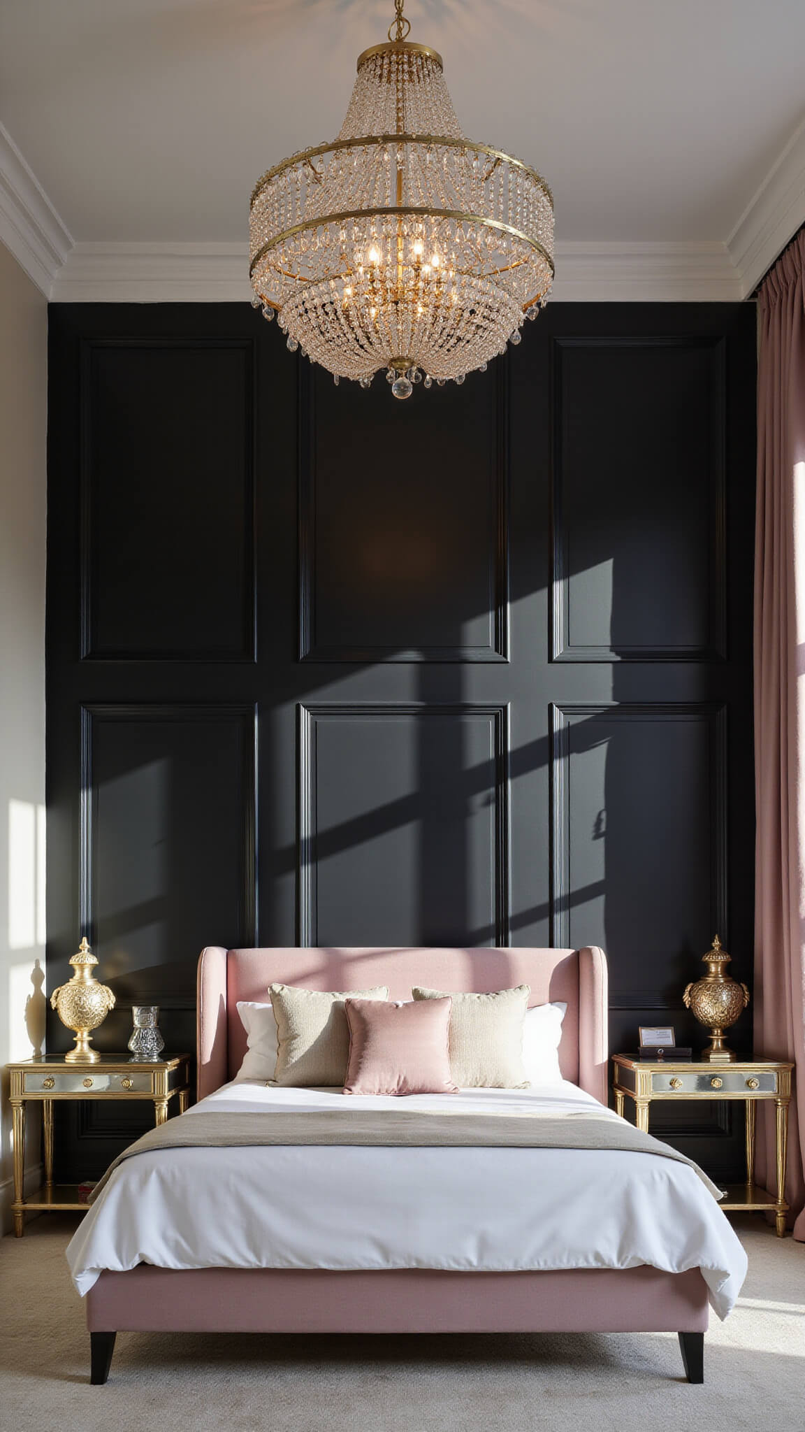 Luxurious black panel bedroom with blush velvet bed, crystal chandelier, gold accents, and mirrored nightstands.
