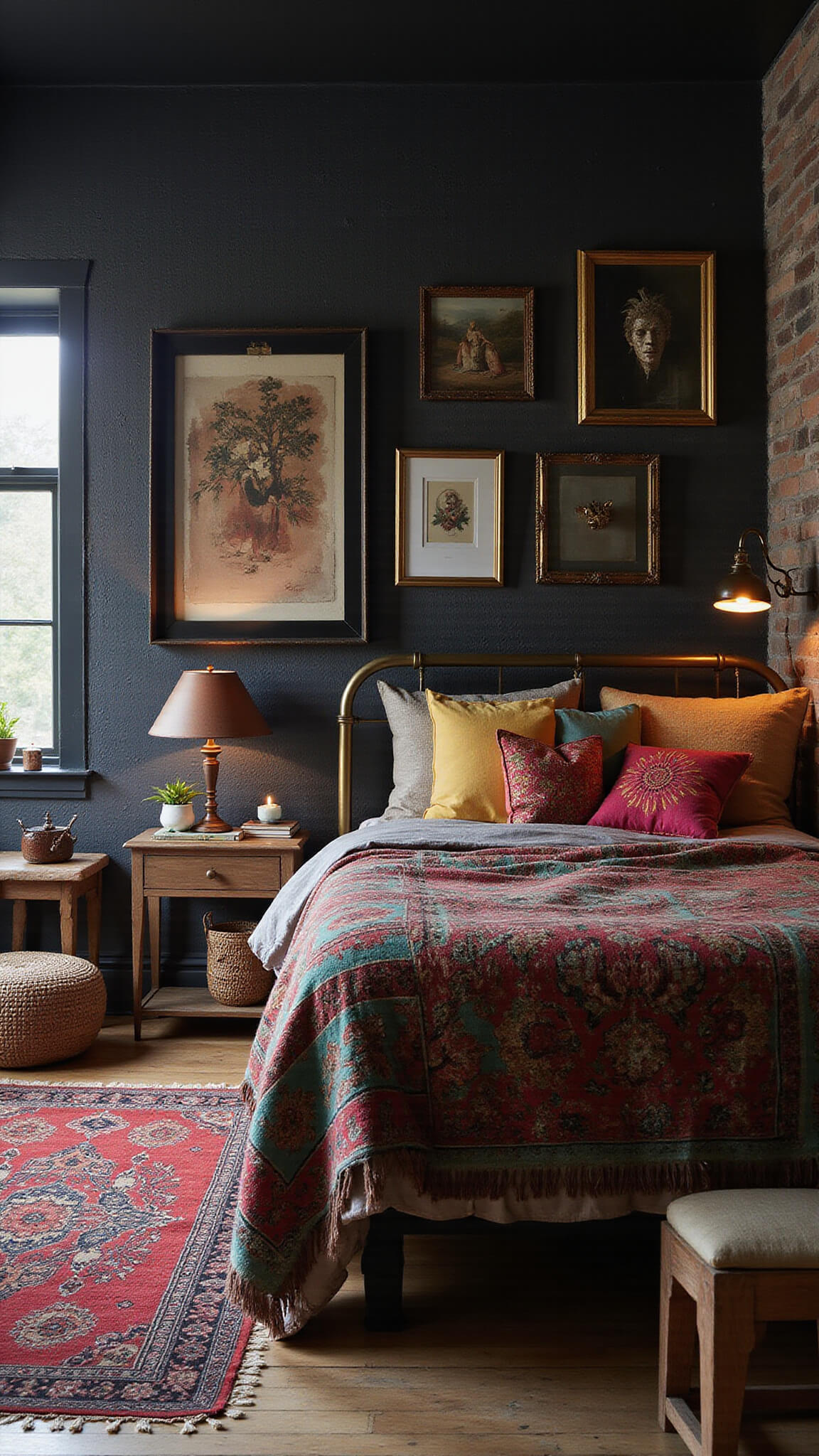 Eclectic black textured bedroom with vintage brass bed, colorful boho textiles, layered rugs, and a gallery wall in mixed metallic frames under dusk lighting.