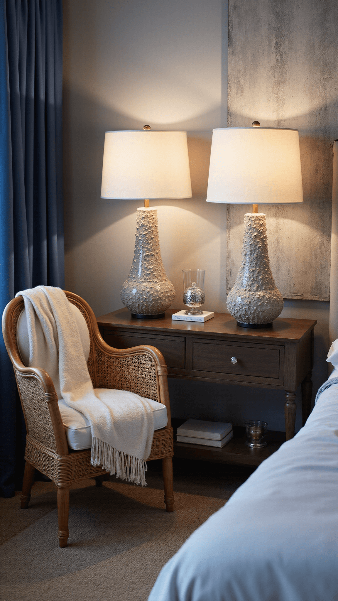 Cozy master bedroom corner at dusk with coral-inspired ceramic lamps, rattan chair draped in cream throw, and distressed blue-gray accent wall reflecting soft lamp glow.