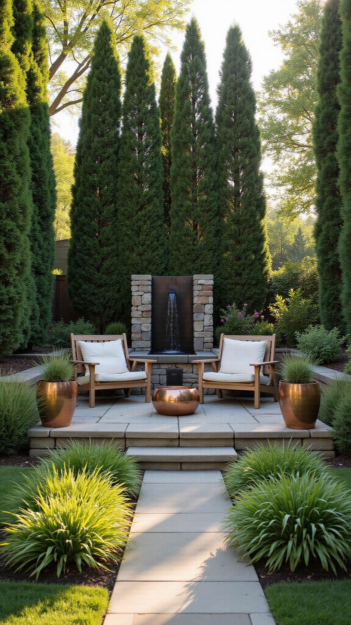 A tranquil backyard garden at golden hour with layered greenery, stone pathway, teak seating, and copper accents framed by tall Italian cypress trees.