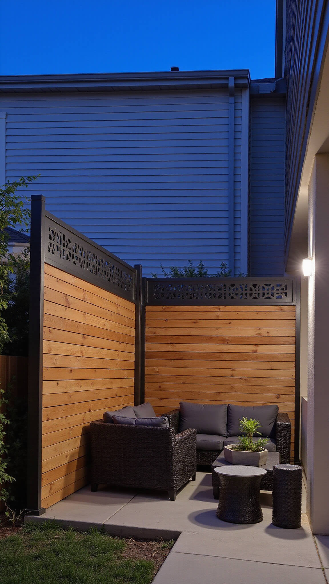 Modern patio at dusk featuring cedar slat privacy fence with LED uplighting, black metal geometric screens, charcoal sectional, concrete tables, and potted black bamboo.